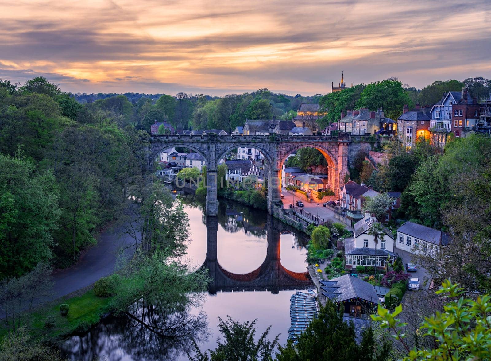 Old stone railway viaduct over River Nidd in Knaresborough by steheap