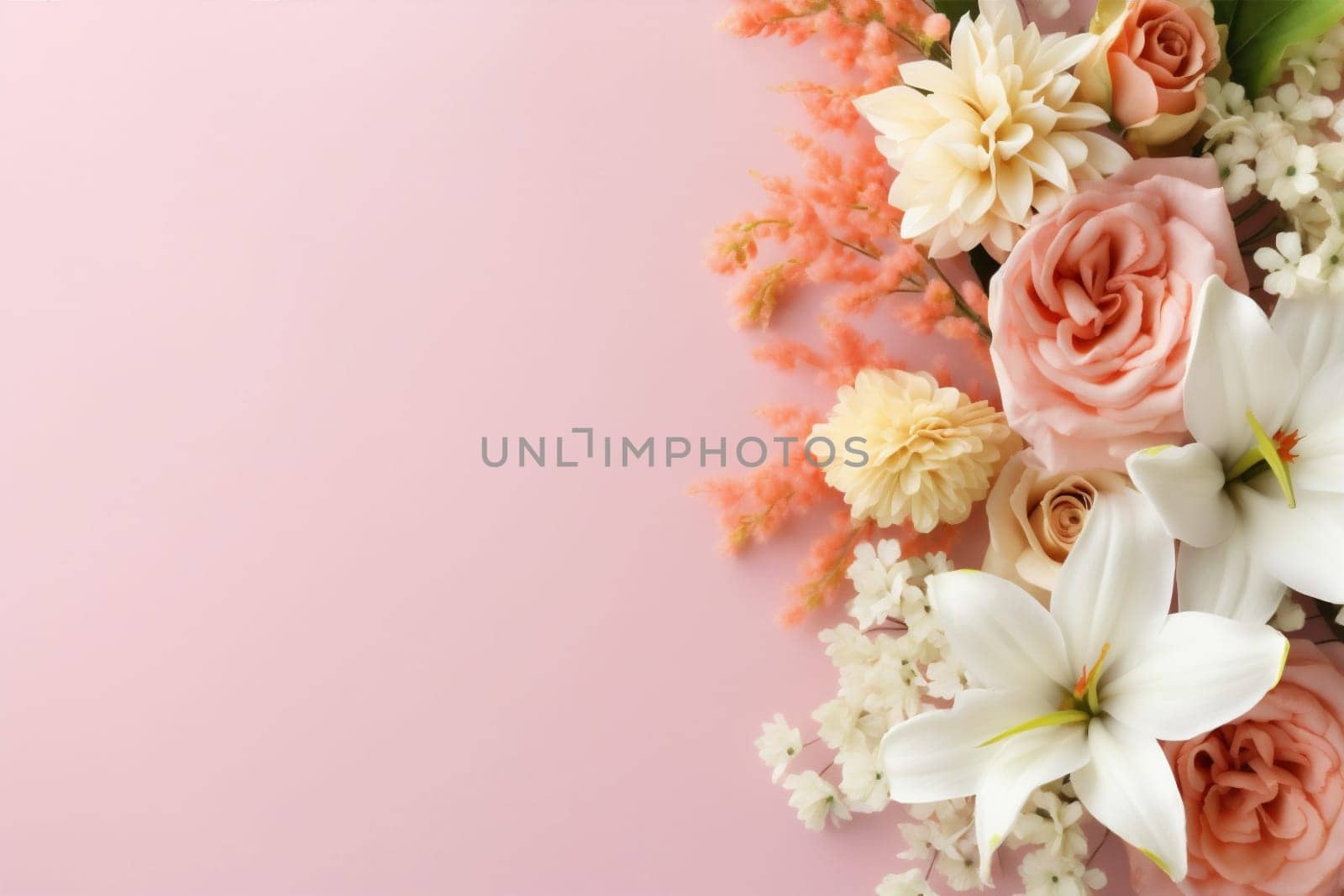 beauty pattern leaf nature floral greeting space summer bright blossom romance bloom art blooming wedding white background copy bouquet pink valentine flower. Generative AI.