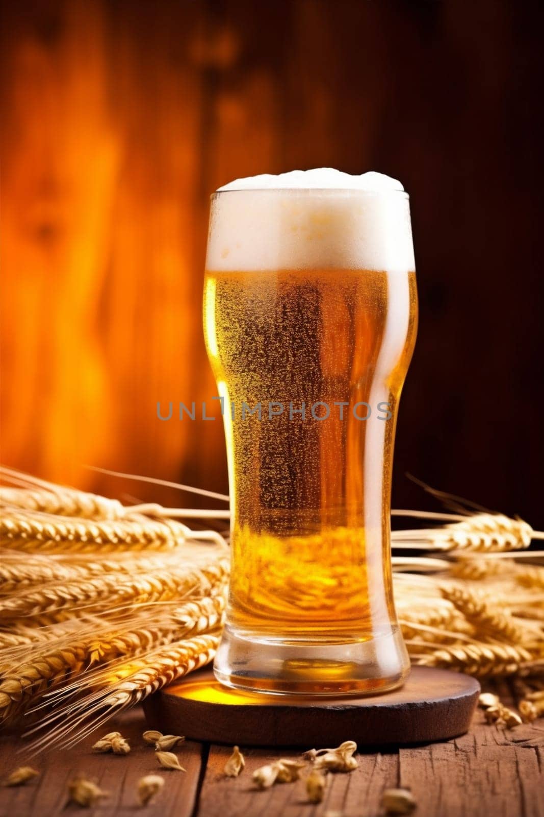 space background alcohol white lager beverage pub beer drink table drop foam cold black refreshment gold copy transparent glass closeup pint. Generative AI.