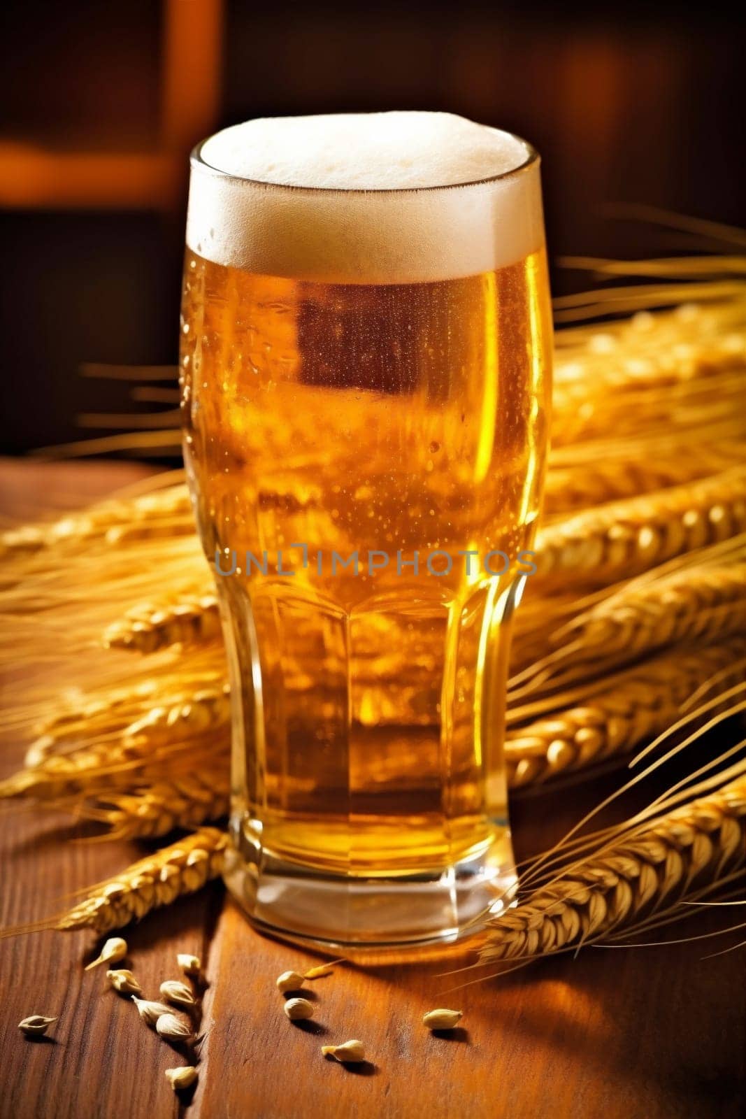 group beer alcohol background craft pub brown dark beverage drink wooden full froth pint ale transparent gold glass lager foam. Generative AI.