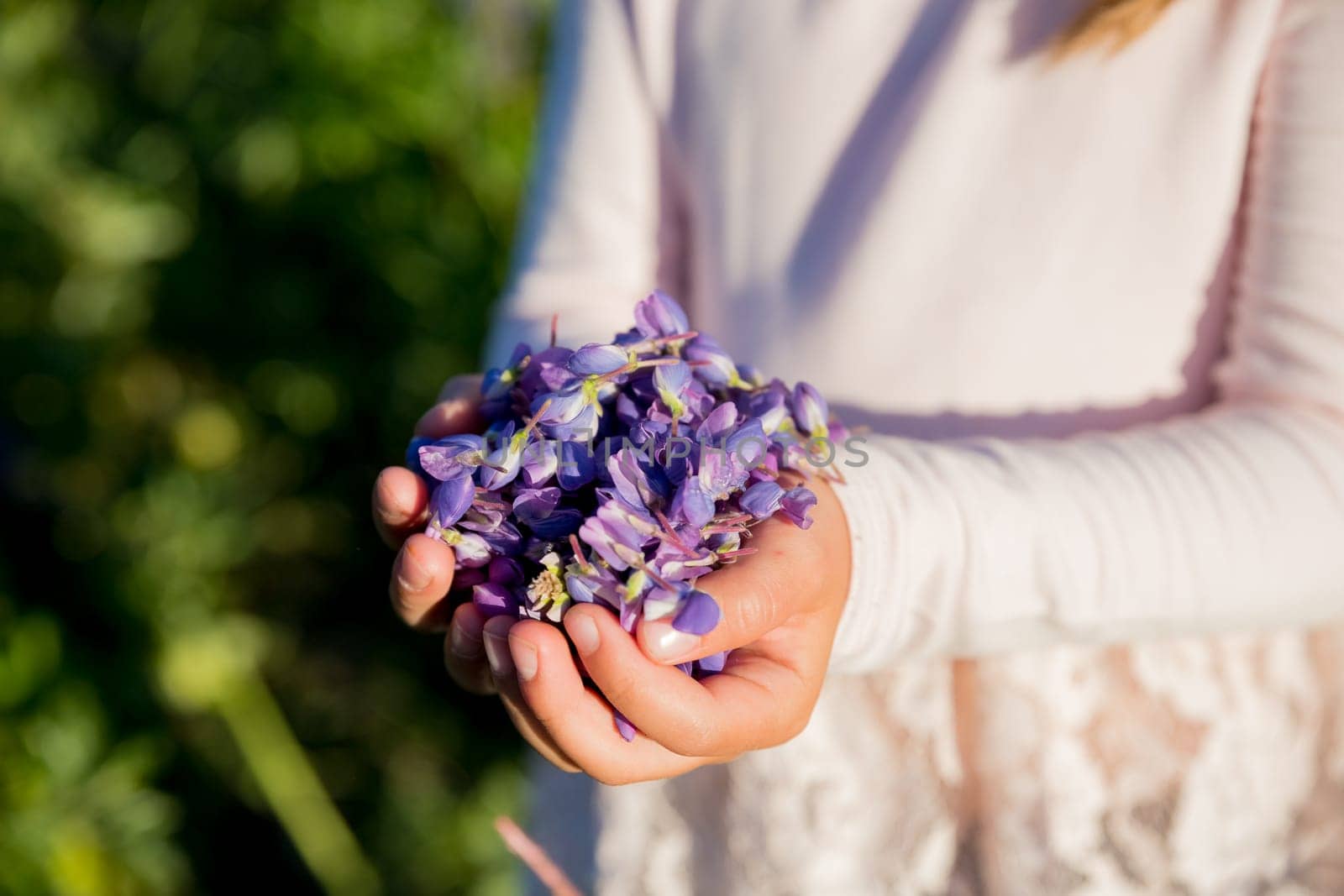 portrait of cute little happy two year old kid girl with bloom flowers lupines in field of purple flowers. nature outdoor.