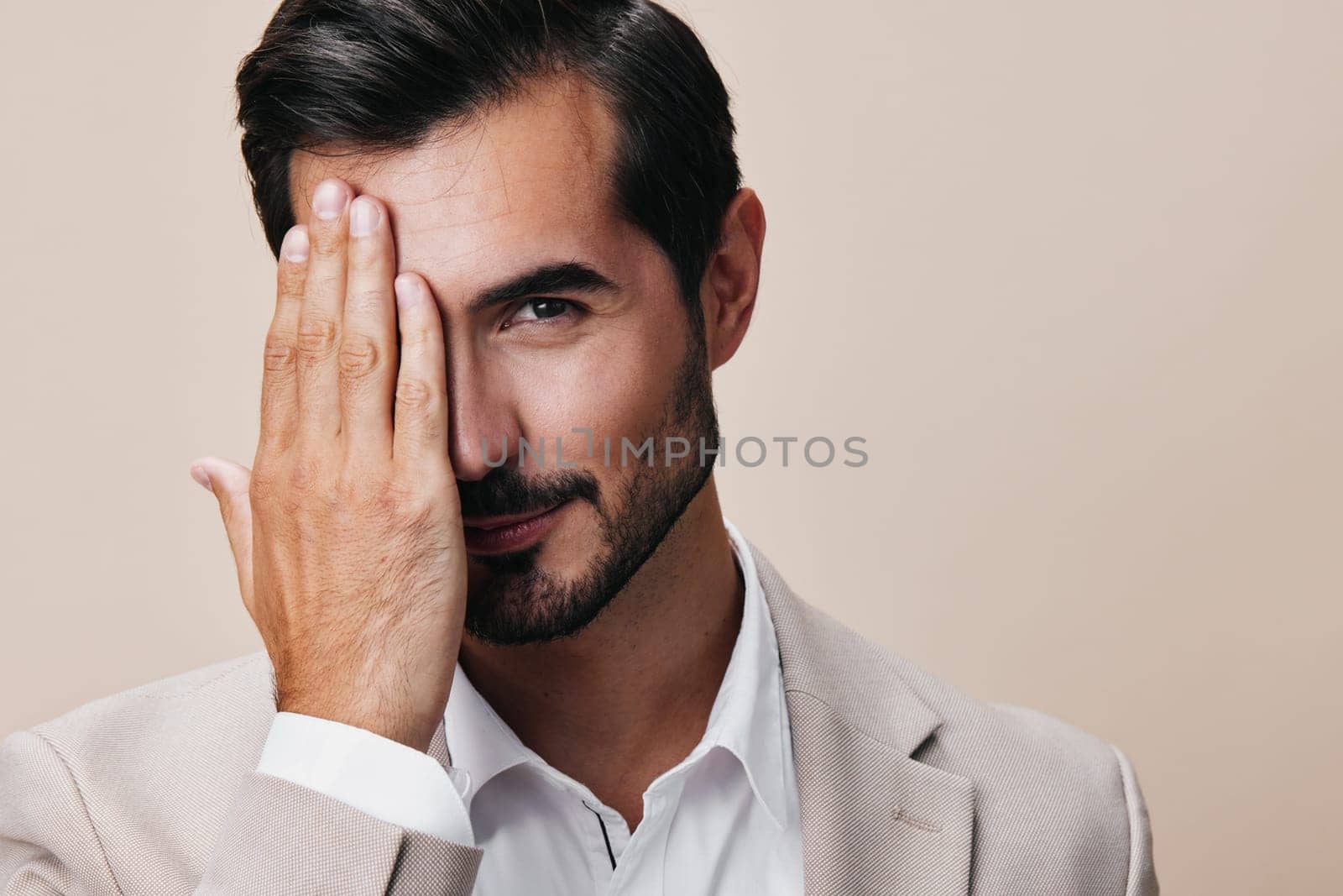 man portrait folded happy businessman beige handsome arm copyspace suit professional sexy male business formal white beard person smiling grey smile