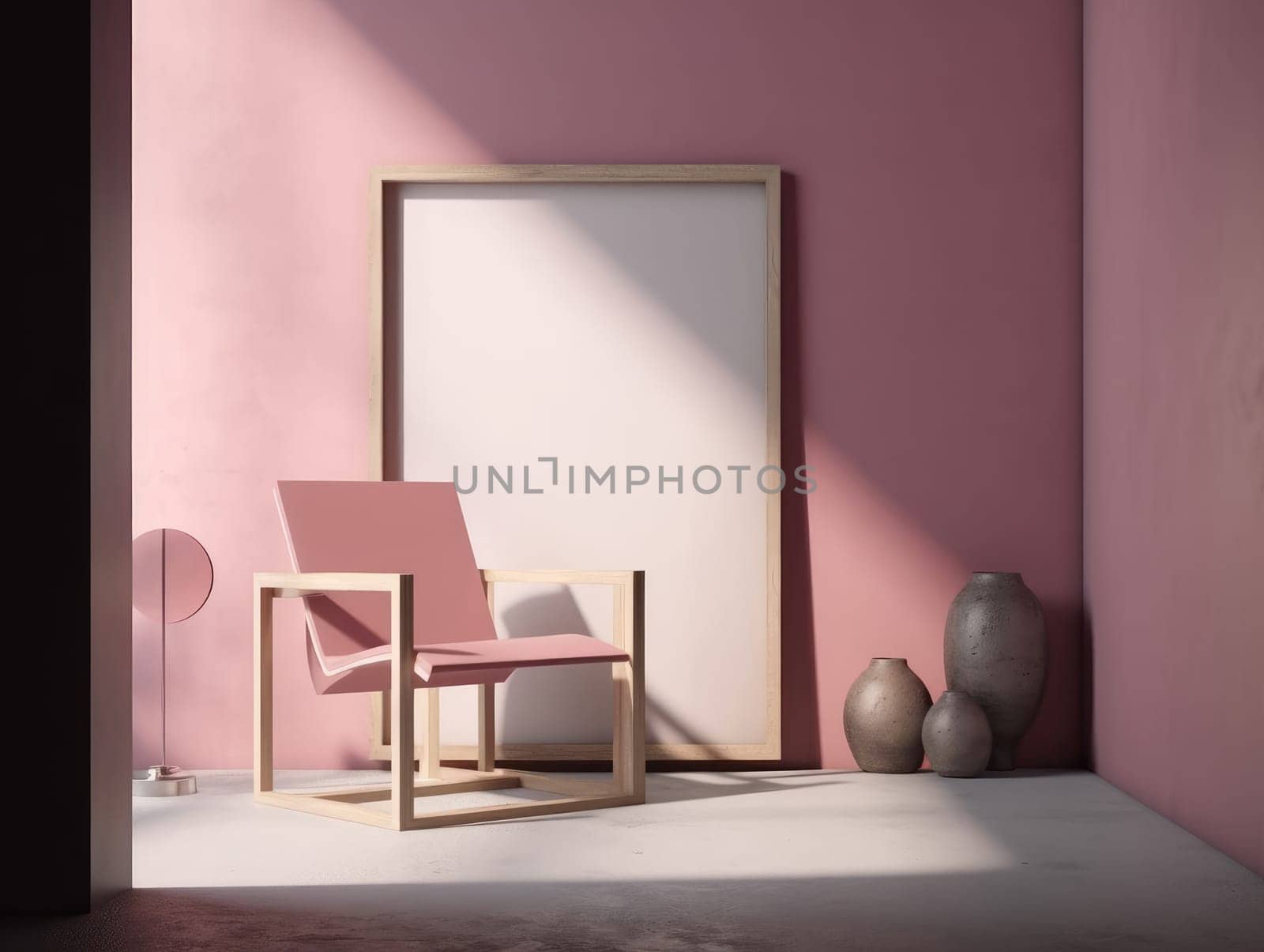 Pink modern stylish room with frame and sofa. Generative AI.