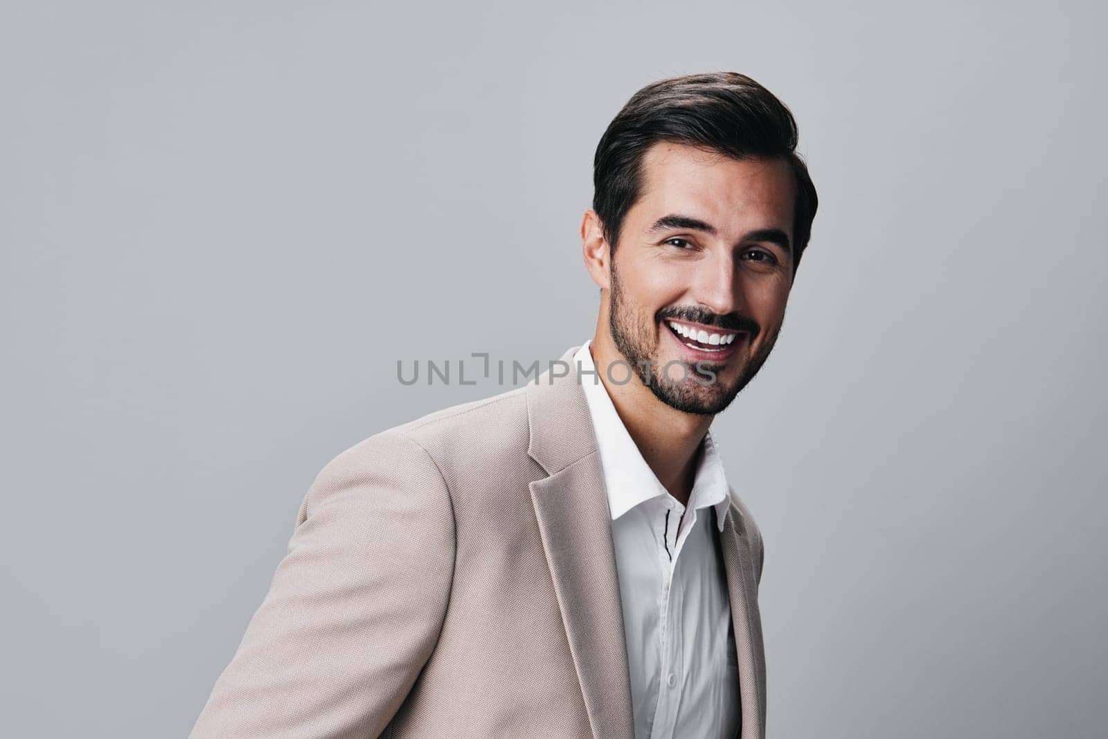 suit man portrait office copyspace handsome happy beige businessman smiling business by SHOTPRIME