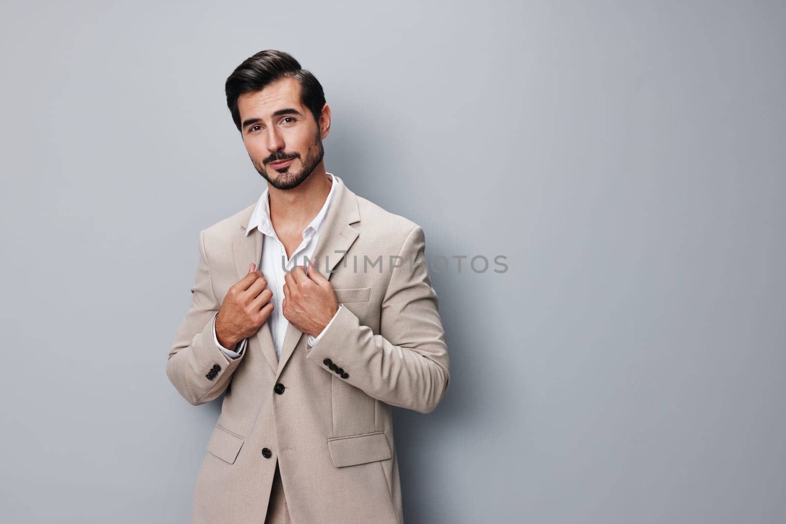 man white handsome businessman happy beige business copyspace smiling portrait suit by SHOTPRIME