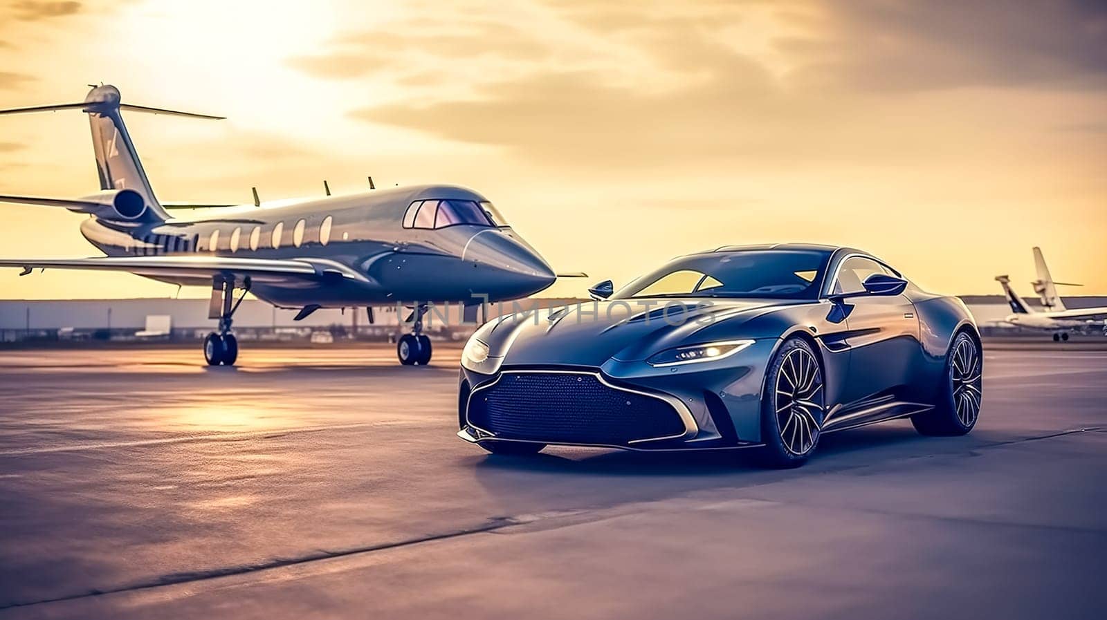 luxury airport transportation for rich people, sports car and private jet, made with Generative AI. High quality illustration