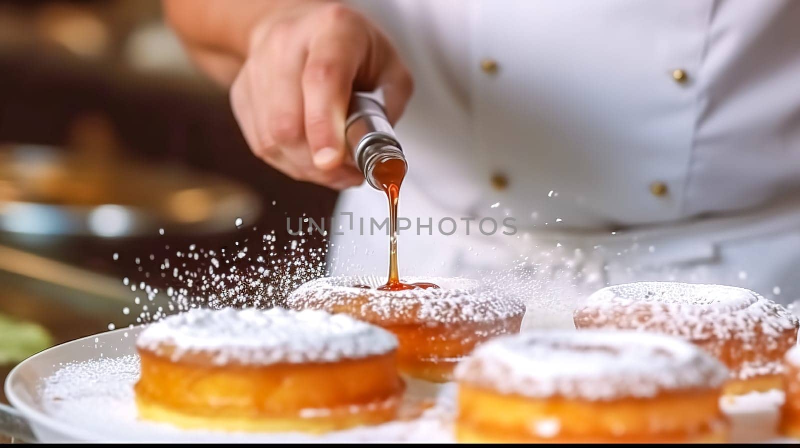 pastry chef decorates desserts in the kitchen, made with Generative AI. High quality illustration
