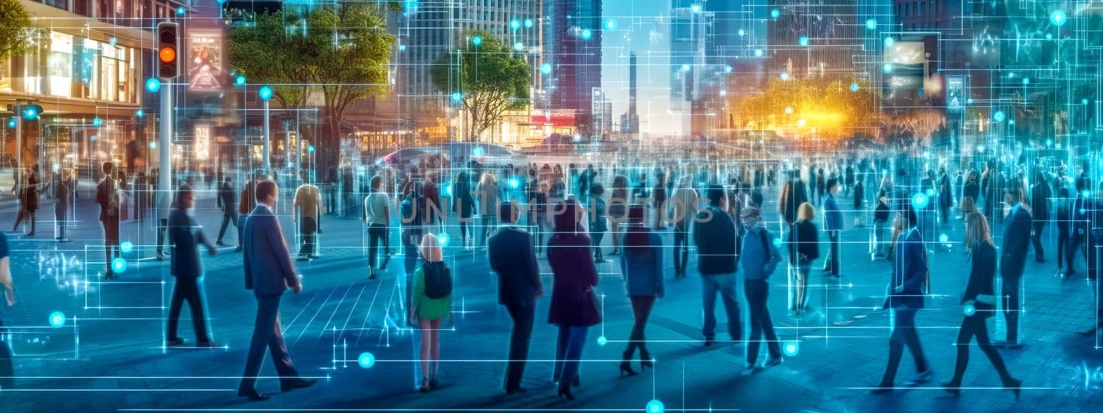 crowd of business people in the city with modern technology, banner, made with Generative AI by Edophoto