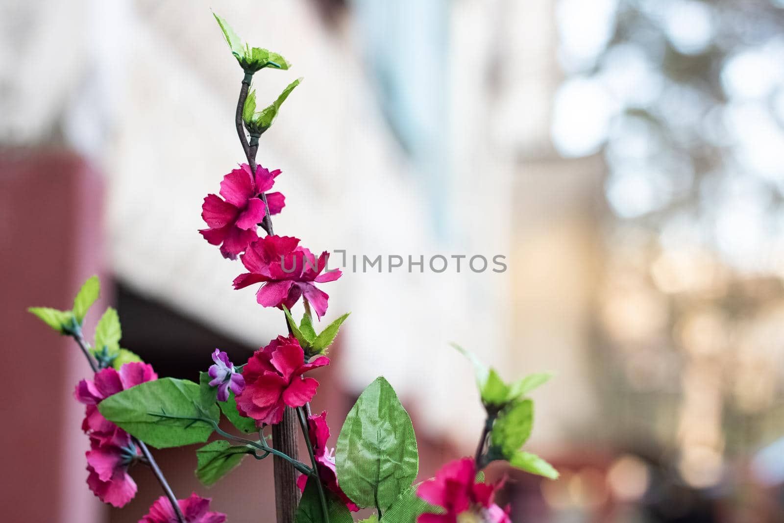 Branch with artificial violet plastic flowers closeup by Vera1703