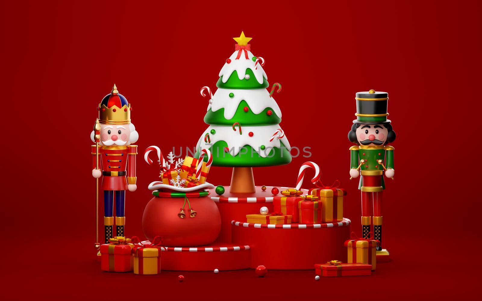 Nutcracker standing by Christmas tree and presents on podium, 3d illustration by nutzchotwarut
