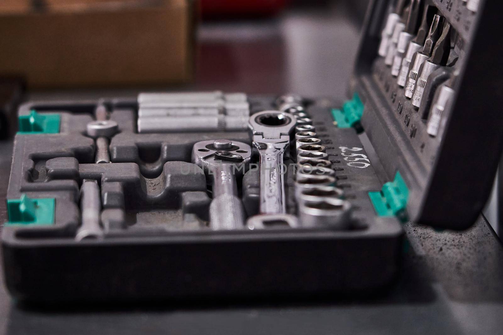 car mechanic tool set in a auto repair shop