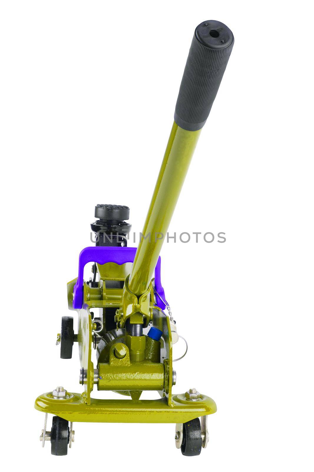 yellow hydraulic car jack isolated on white background, 2 ton capacity