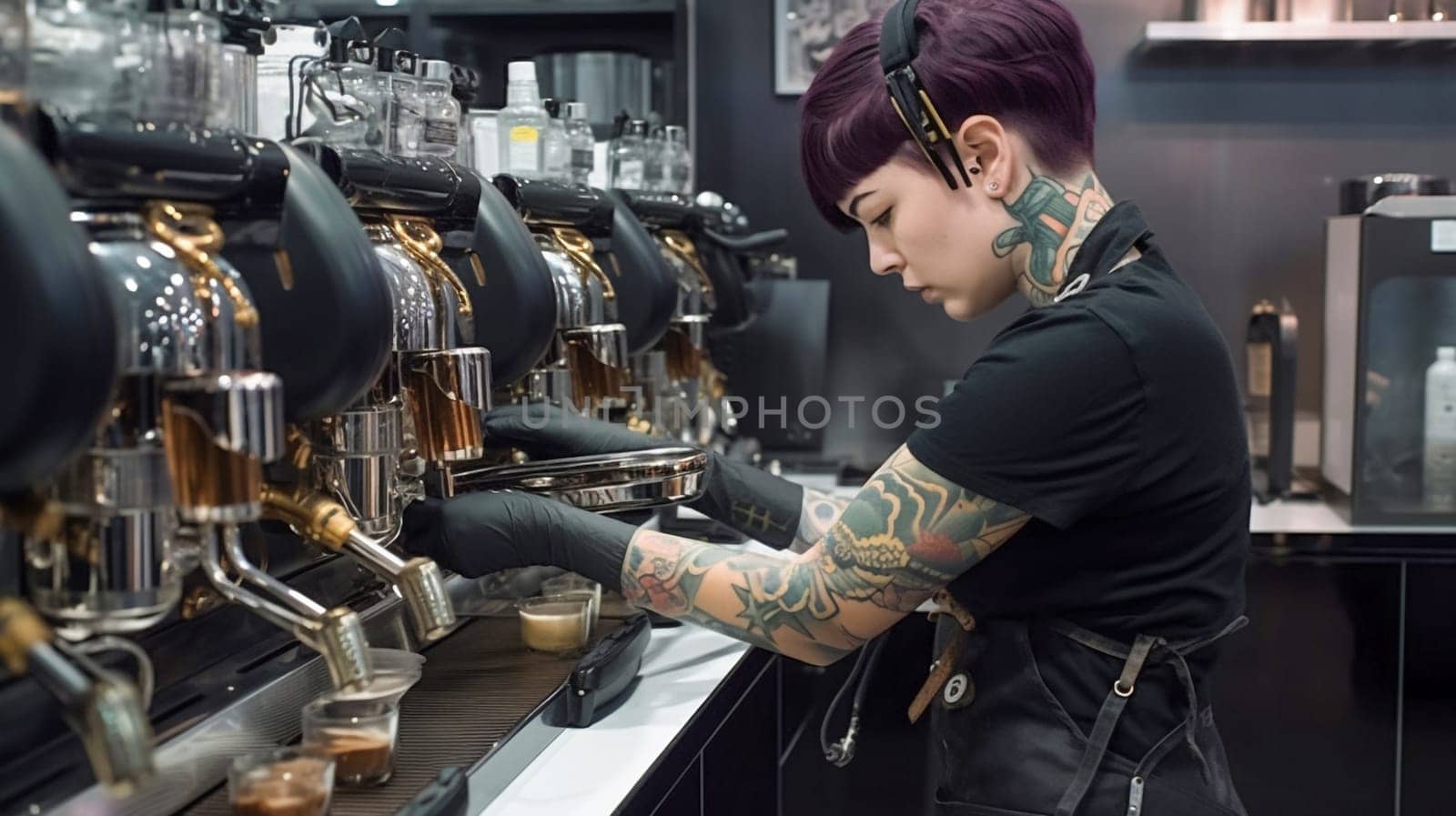 female cyborg serving at cafe coffee shop, generative AI. High quality photo