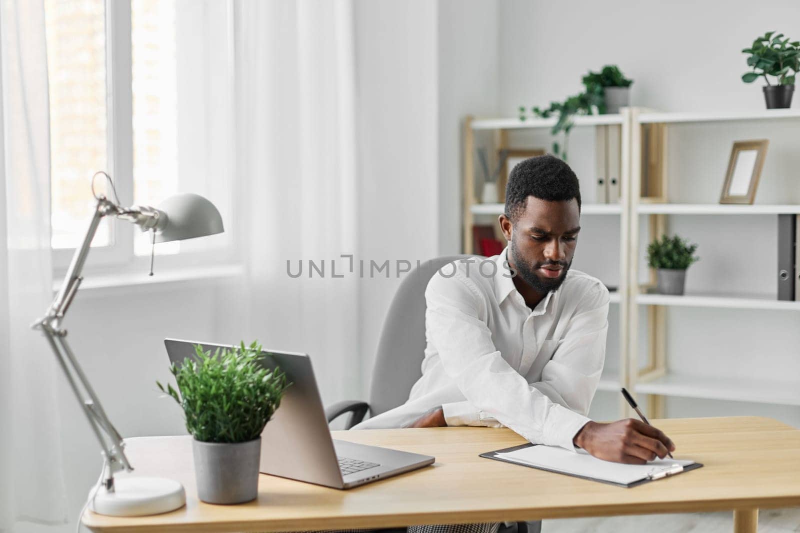 education man freelancer copy person student laptop using programmer freelance space job black african looking african home online cyberspace worker american computer office