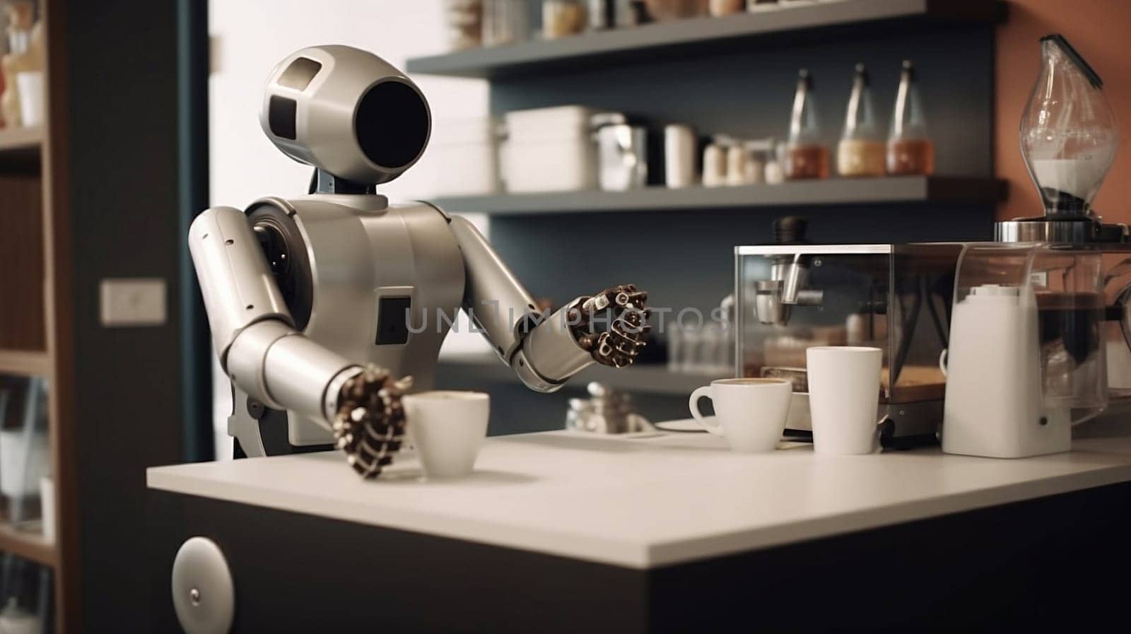 robot serving at cafe coffee shop, generative AI. High quality photo