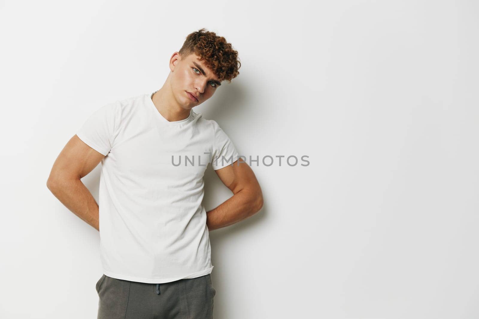 man shirtless jeans mock up healthy smile model young male attractive white background bodybuilder sport by SHOTPRIME