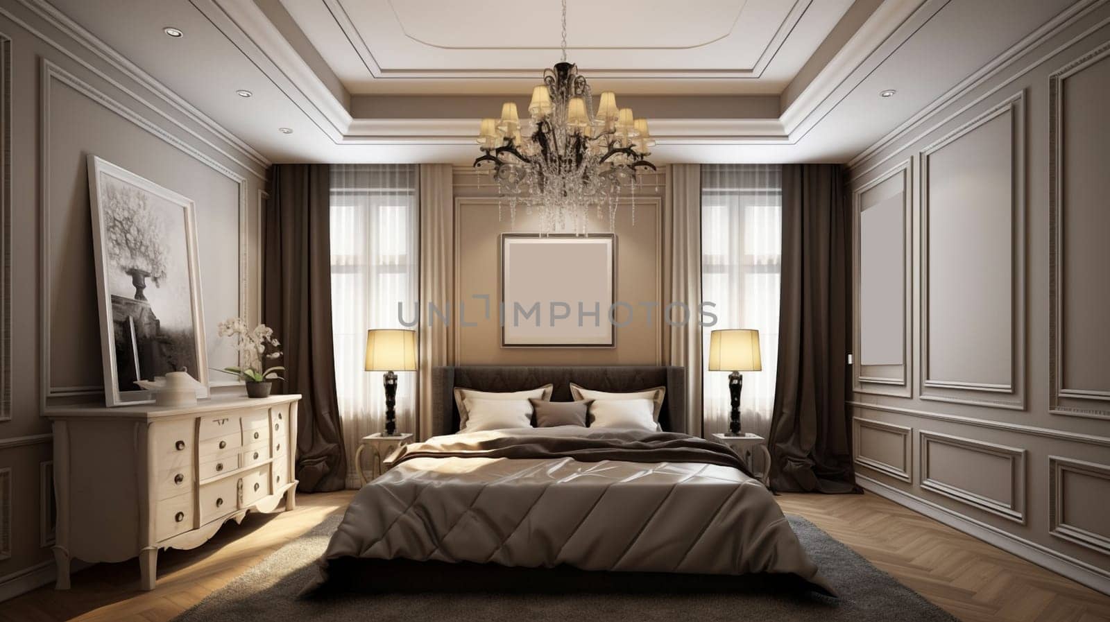 art deco luxury bedroom designer interior, generative AI. High quality photo