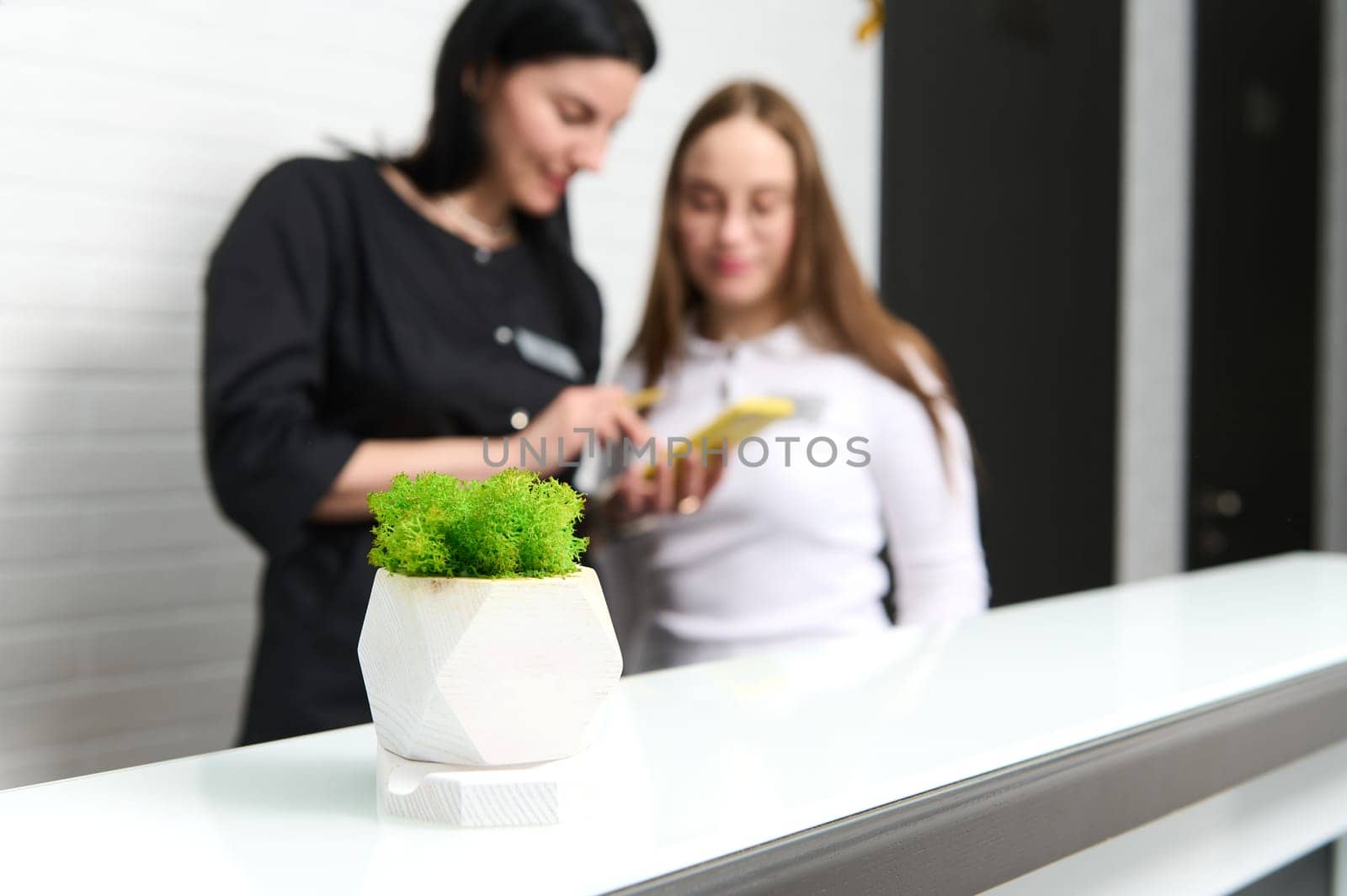 A white pot with moss on counter over blurred background of a receptionist and doctor dentist in front of reception desk by artgf