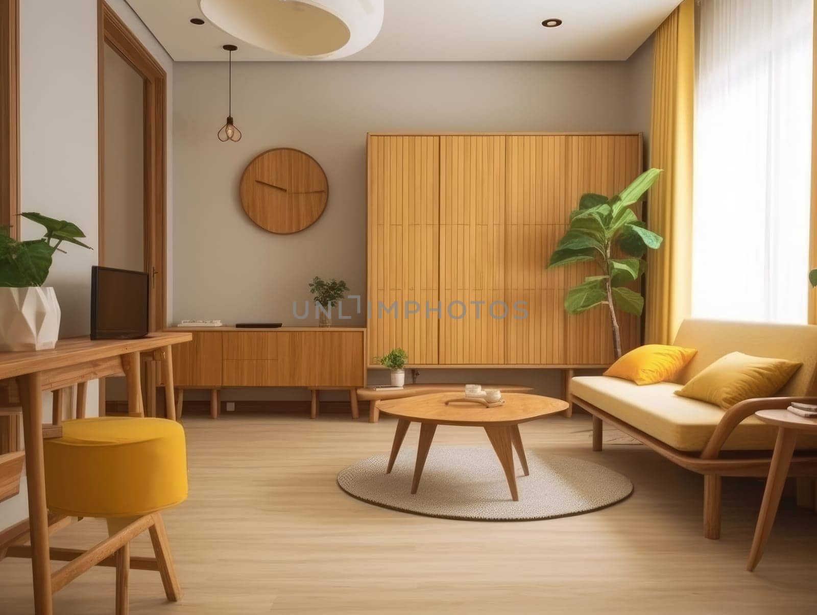 Yellow Japanese style living room with wooden decoration. Generative AI.