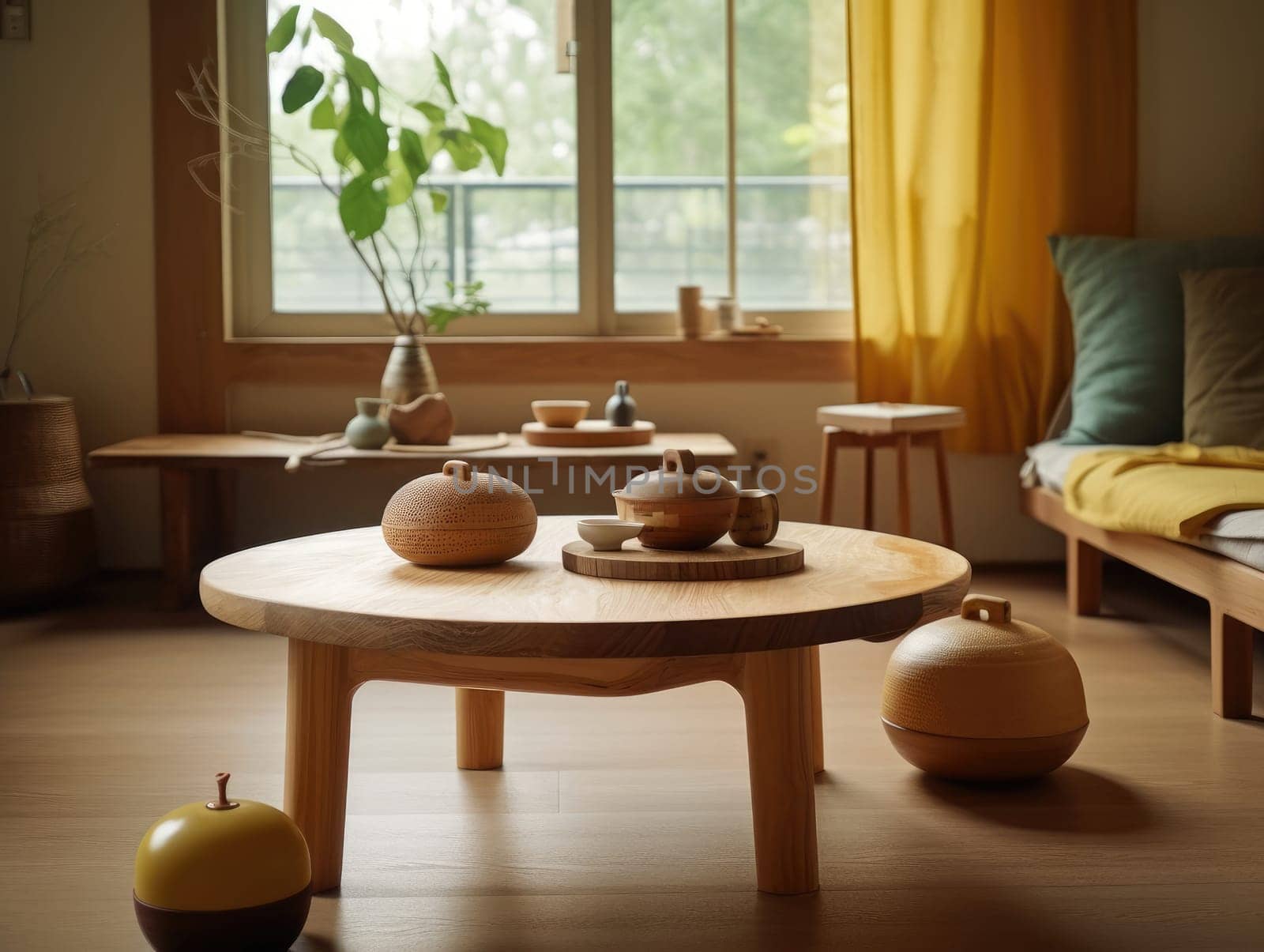 Yellow Japanese style living room with wooden decoration. Generative AI.