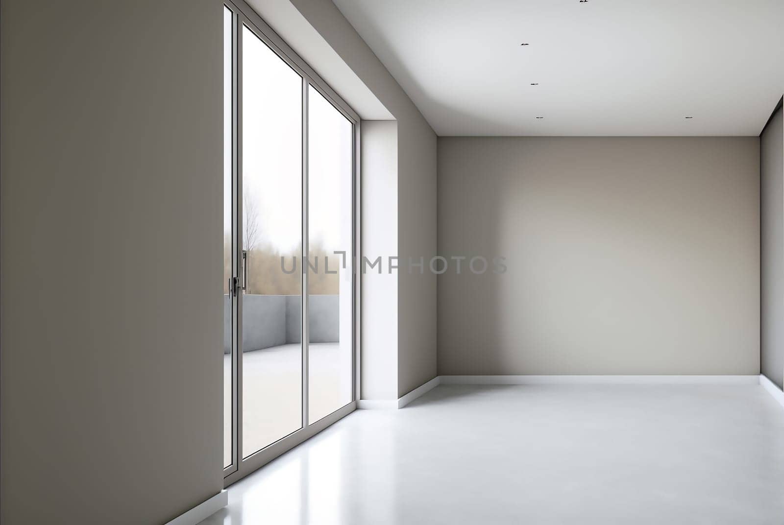 the interior of an empty room with a large window and access to a balcony, the floor, walls and ceiling are made of polished concrete, sunlight penetrates into the room. Ai generative