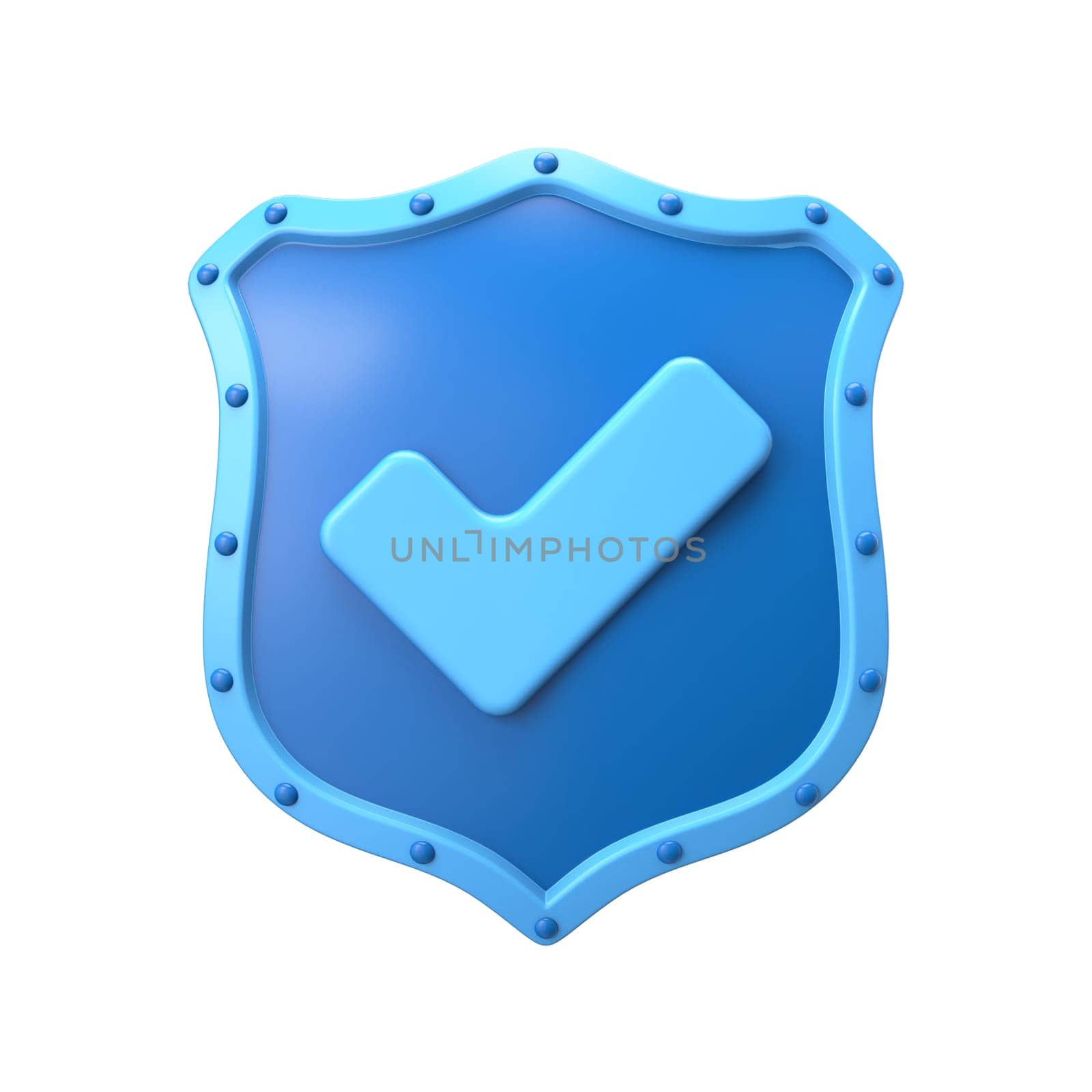 Blue shield with rivets and check mark 3D rendering illustration isolated on white background