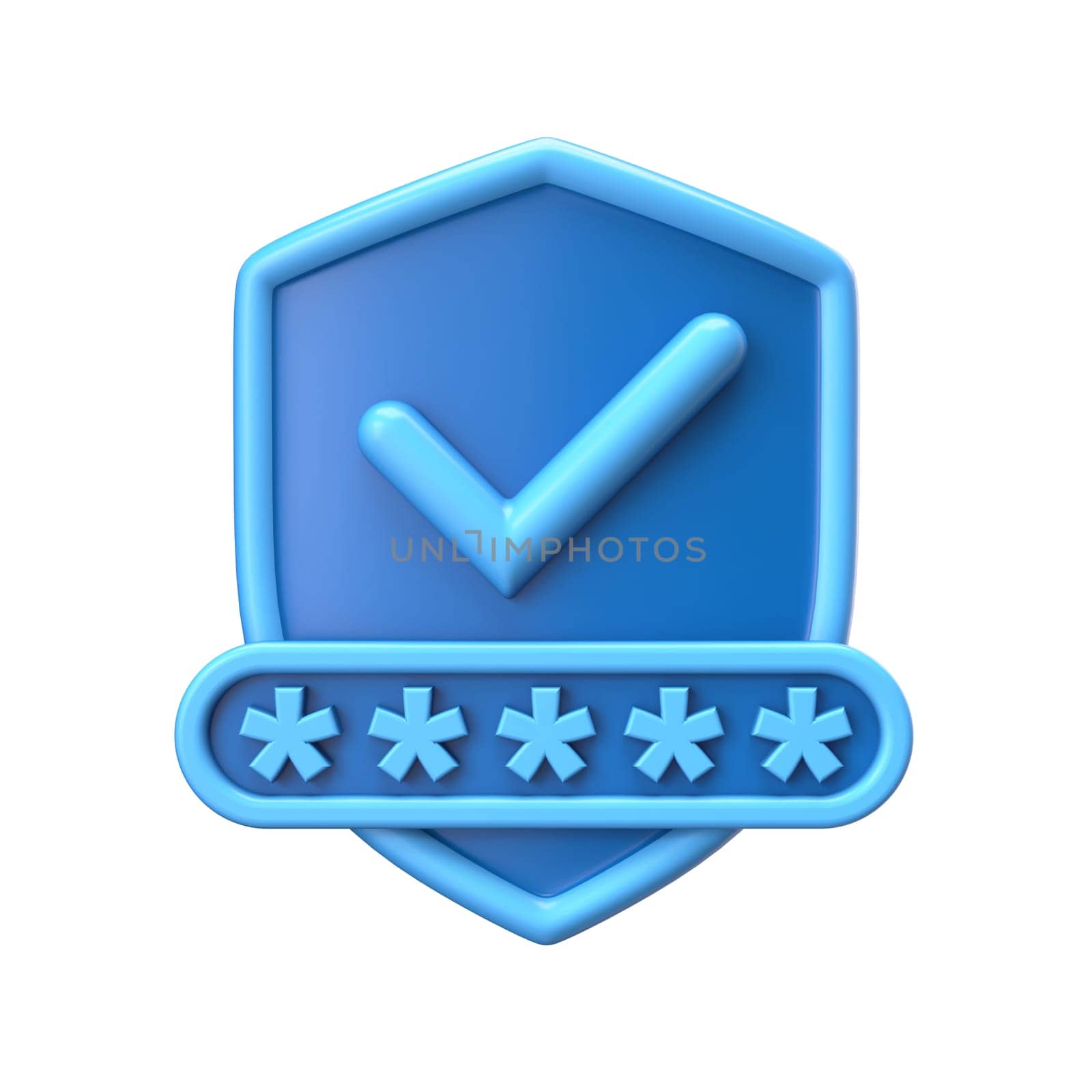 Blue shield with password field and check mark 3D rendering illustration isolated on white background