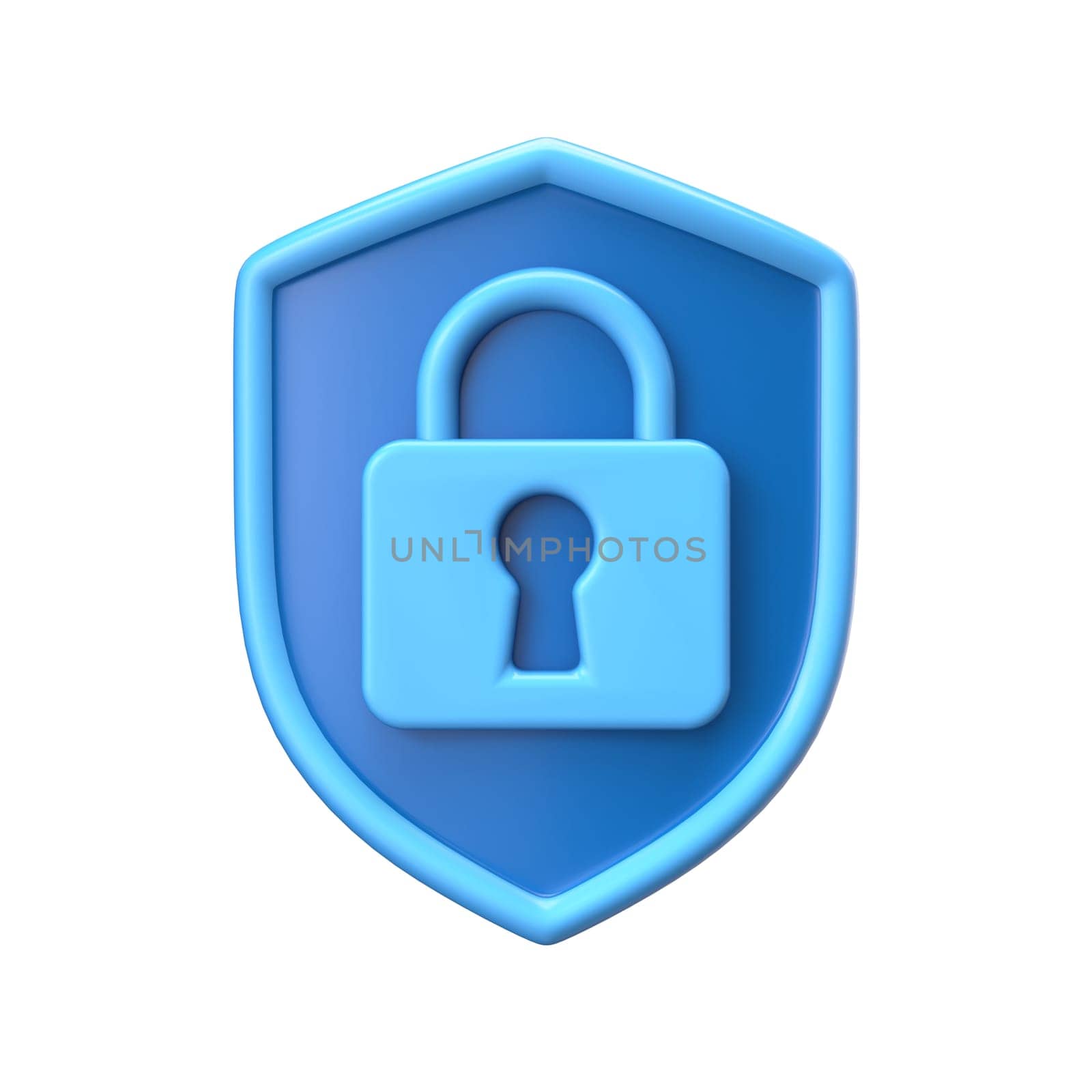 Blue shield with padlock 3D rendering illustration isolated on white background