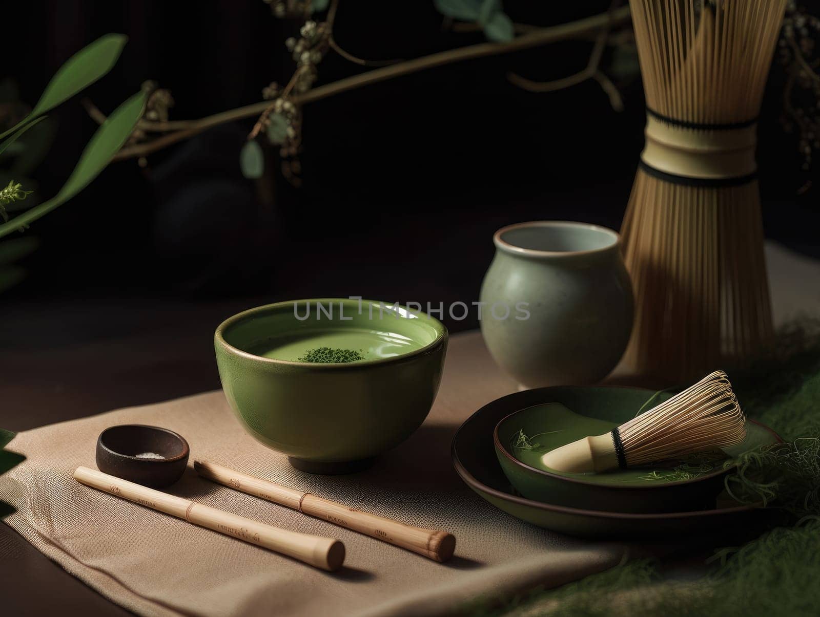 Organic matcha green tea ceremony on table. Generative AI by nateemee
