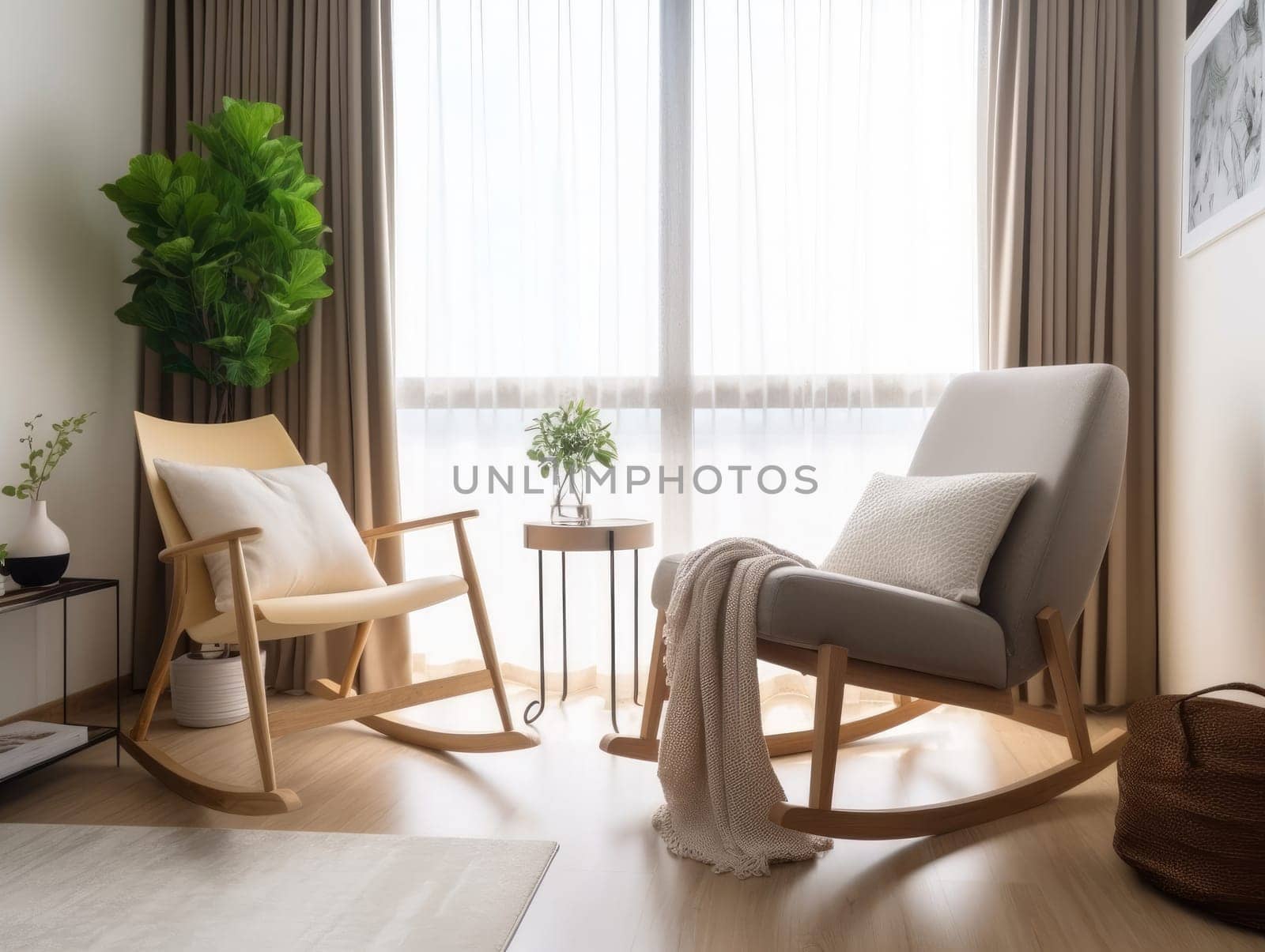 Comfortable living room with rocking chair. Generative AI.