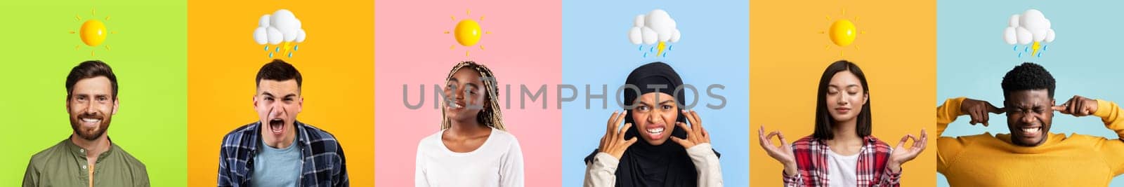 Emotional Outburst. Men And Women With Different Mood Posing Over Colorful Backgrounds With Weather Emojis Above Head, Diverse People Expressing Positive And Negative Emotions, Collage