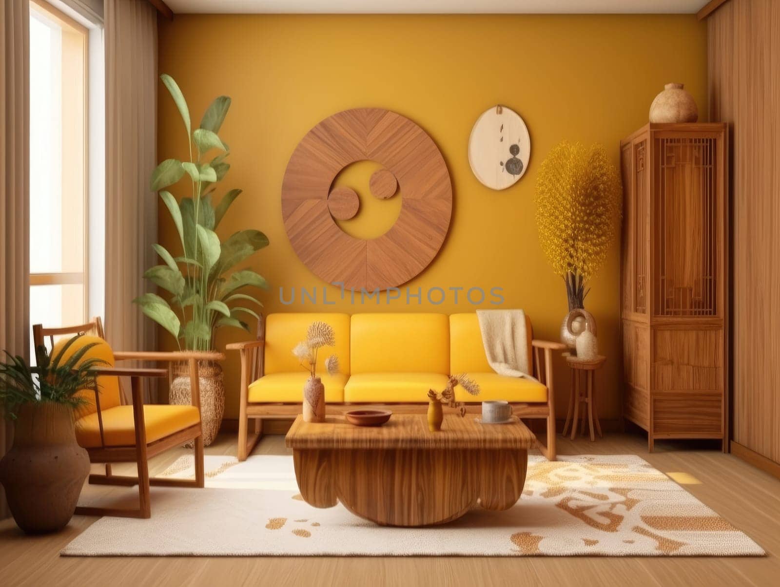 Yellow Japanese style living room with wooden decoration. Generative AI by nateemee