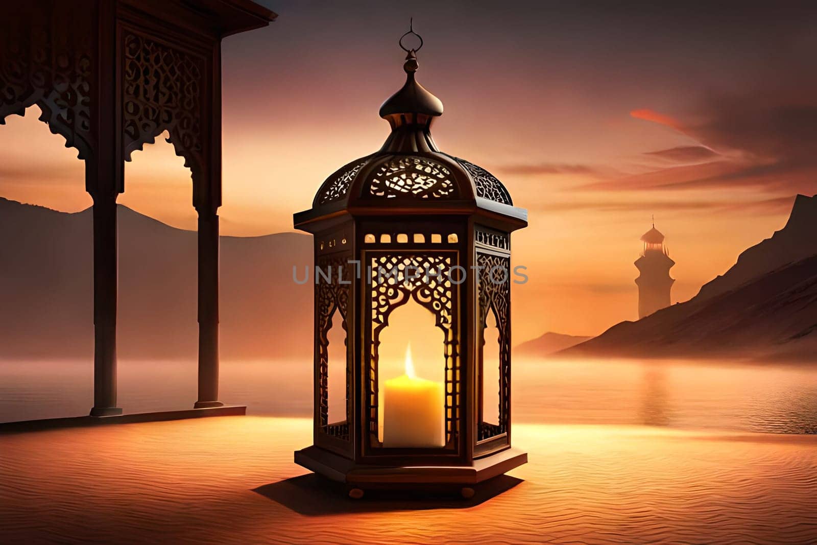 Ornamental Arabic lantern with burning candle glowing . Festive greeting card, invitation for Muslim holy month Ramadan Kareem. Ramadan Kareem greeting photo with serene mosque background.