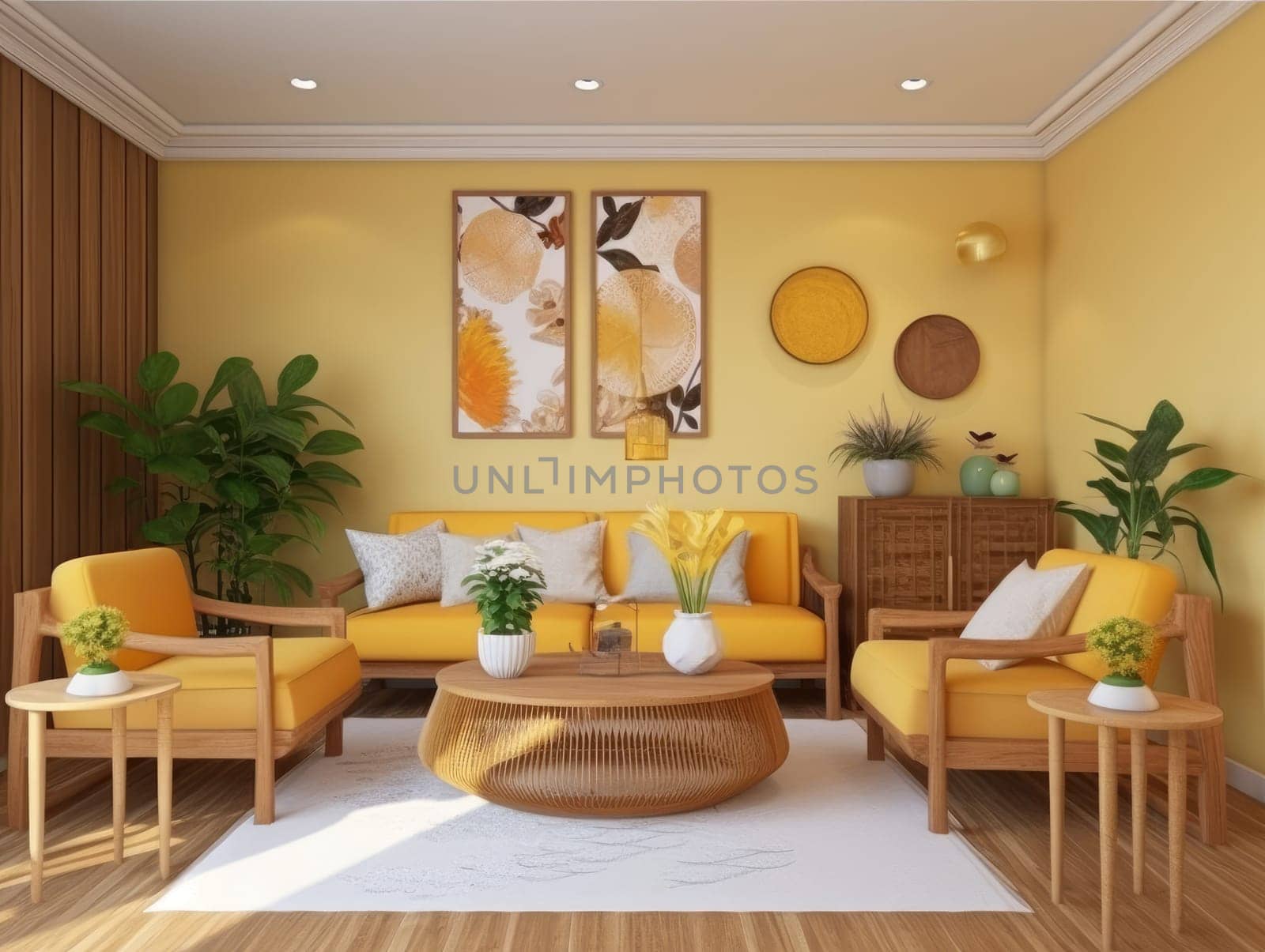 Yellow Japanese style living room with wooden decoration. Generative AI.