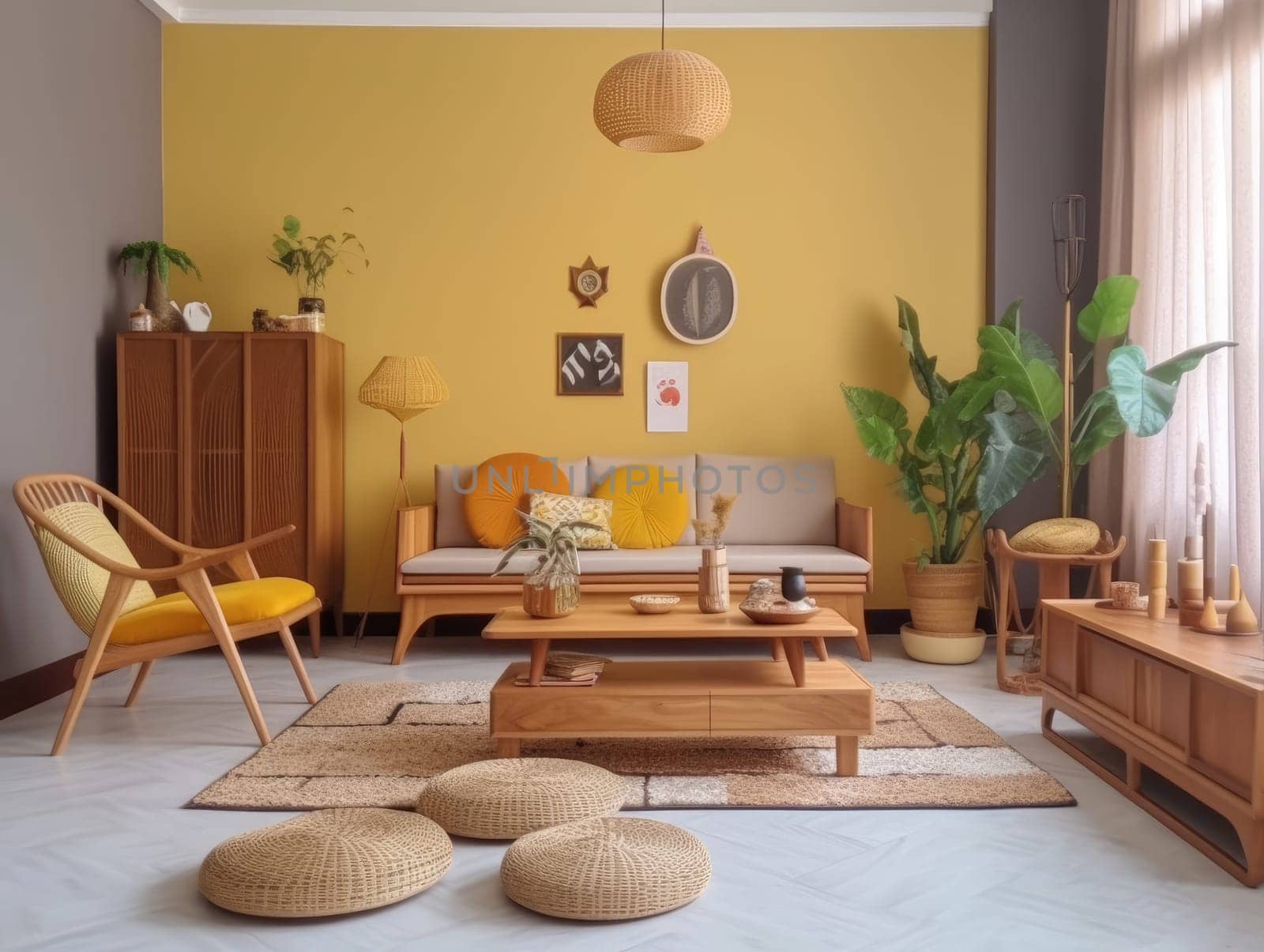 Yellow Japanese style living room with wooden decoration. Generative AI by nateemee