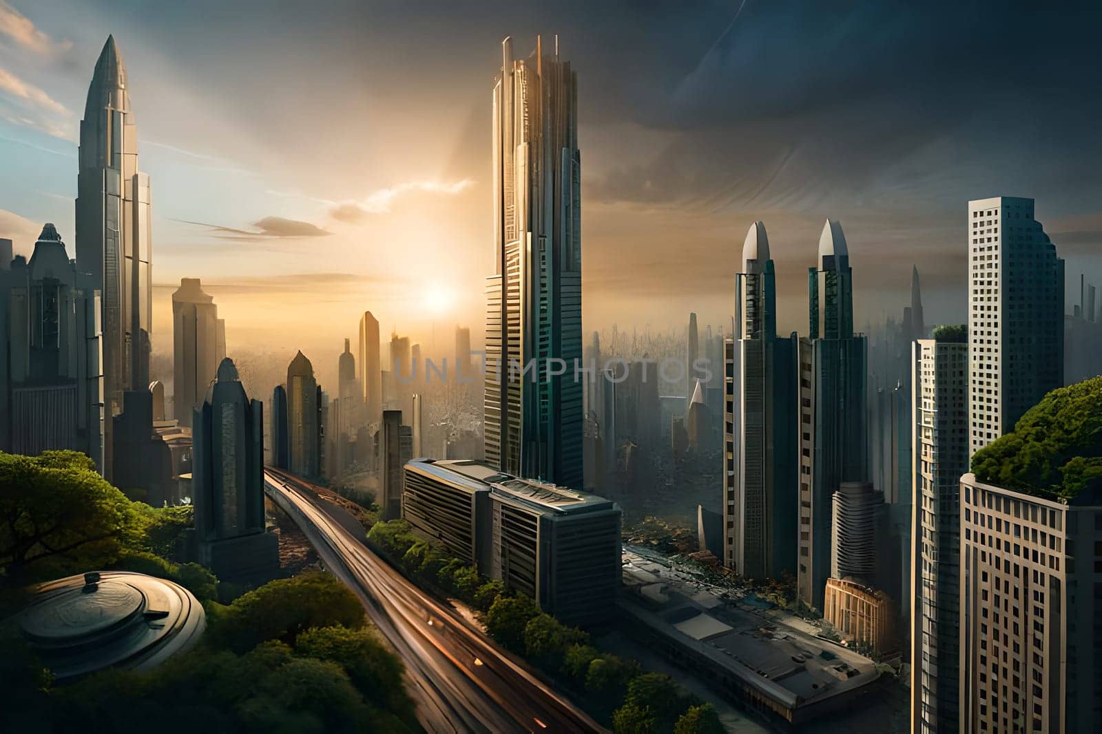 futuristic rendering city megacity cyberpunk scifi 3D illustration. High quality photo