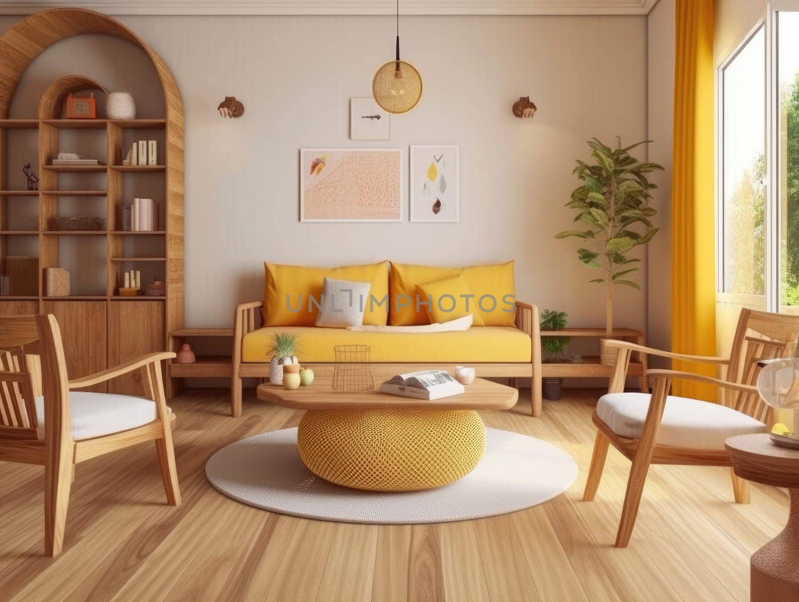 Yellow Japanese style living room with wooden decoration. Generative AI.