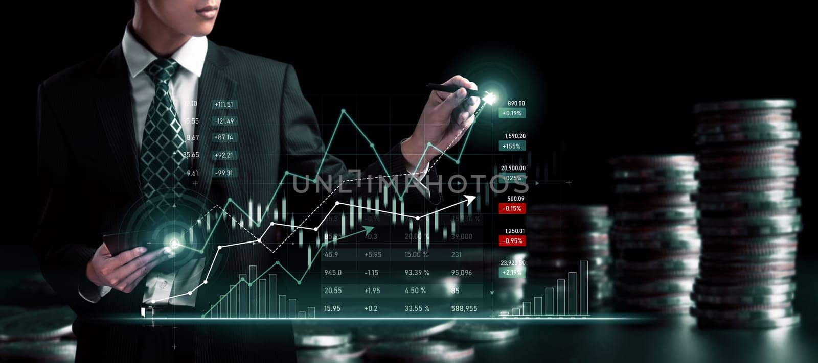 Businessman analyst working with digital finance business data graph showing technology of investment strategy for perceptive financial business decision. Digital economic analysis technology concept.