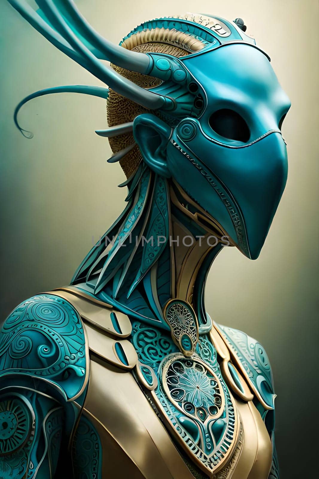 A painting of a man with a blue mask and horns. Digital painting illustration