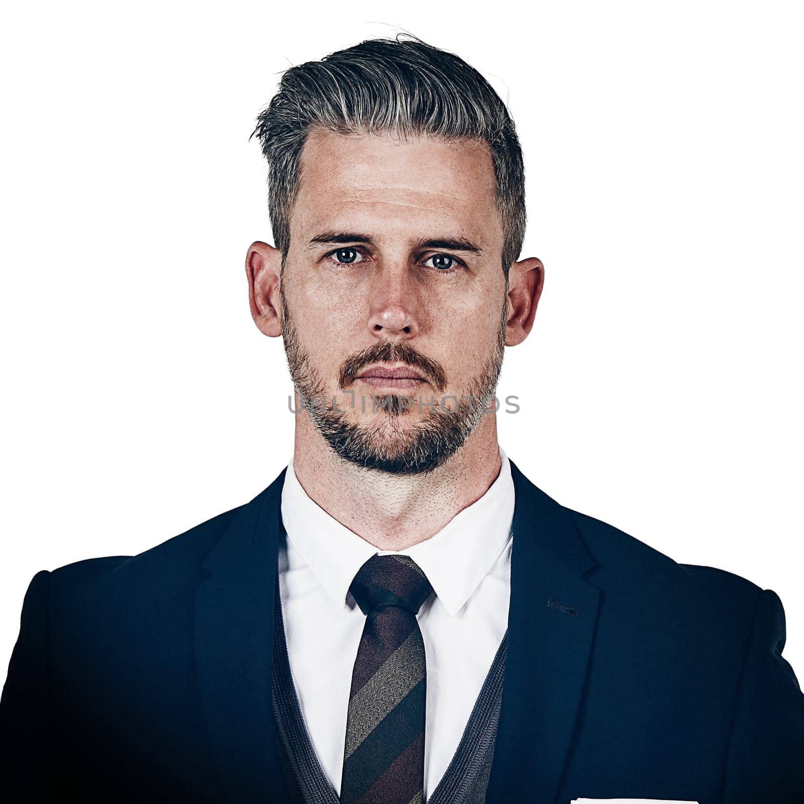 Looking success dead in the eye. Studio portrait of a confident businessman posing against a white background