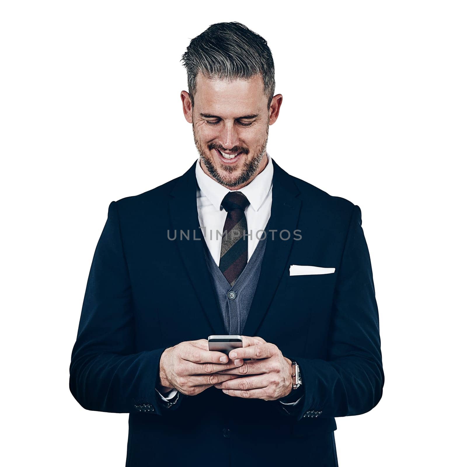 Downloading apps that support his executive needs. Studio shot of a businessman using a mobile phone against a white background. by YuriArcurs
