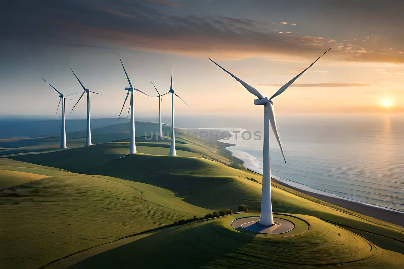 Panoramic view of wind farm or wind park, with high wind turbines for generation electricity with copy space. Green energy concept. Generative AI