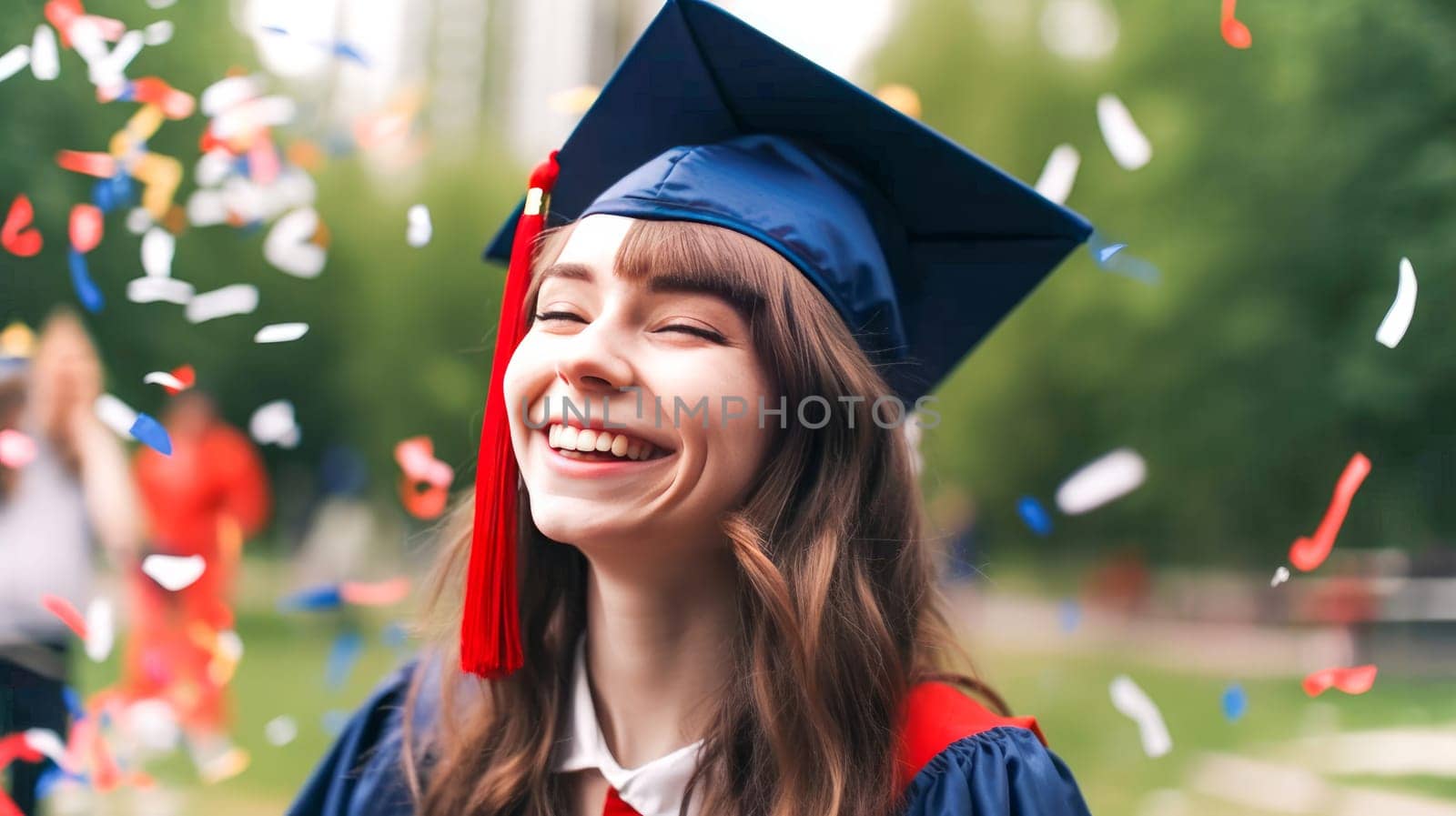 Happy Caucasian female graduating student celebrating Graduation. School graduation. Generative ai.