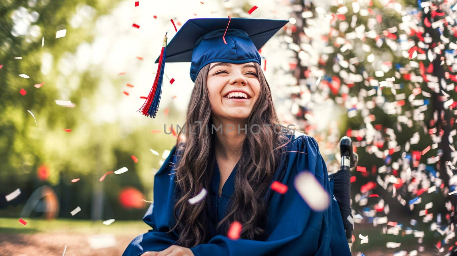 Happy Caucasian female graduating student celebrating Graduation. School graduation. Generative ai
