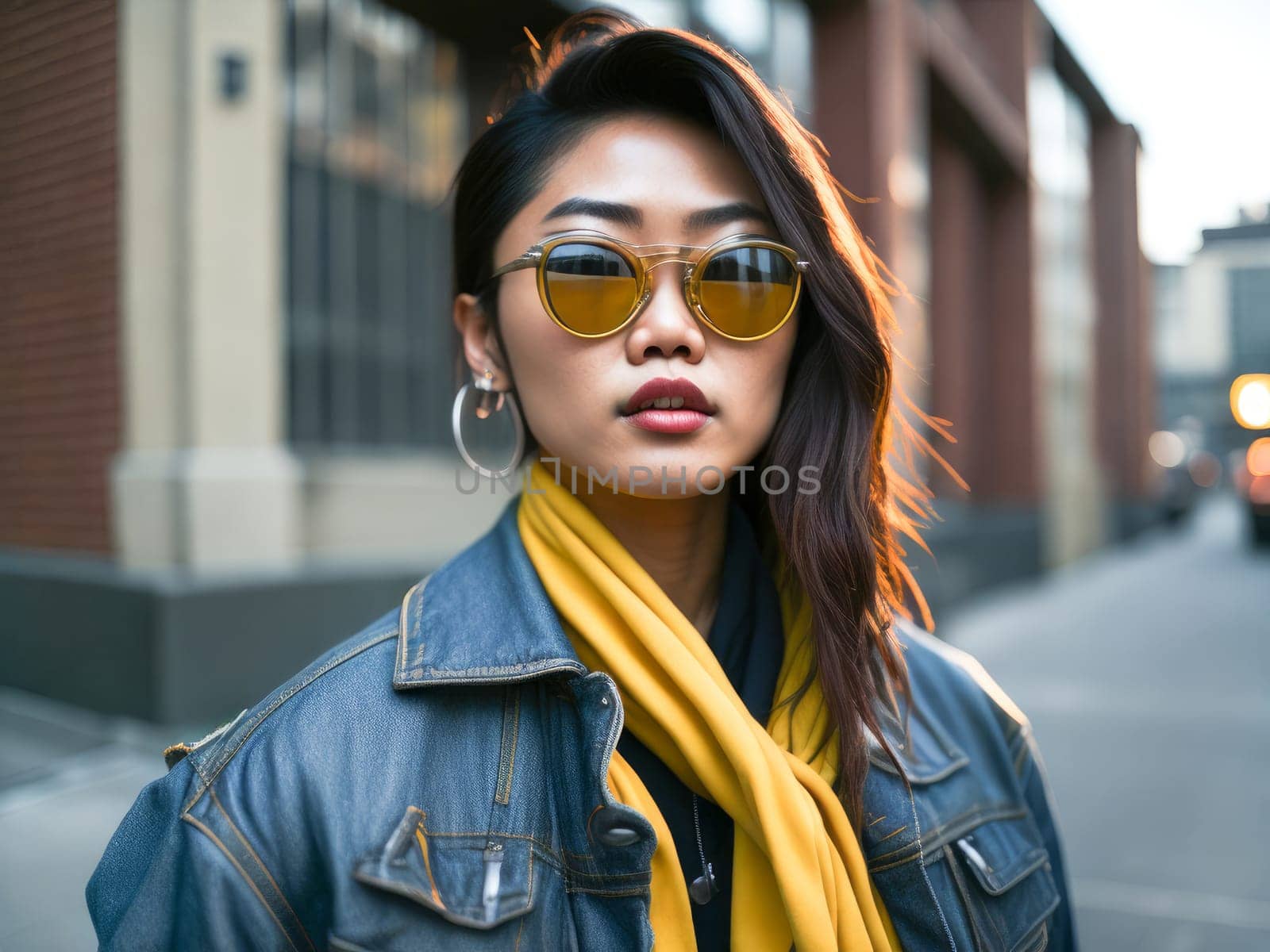 Charming asian woman in yellow sunglasses wearing stylish denim jacket looking at the camera standing on a blurred city background. Hipster girl. Generative Ai
