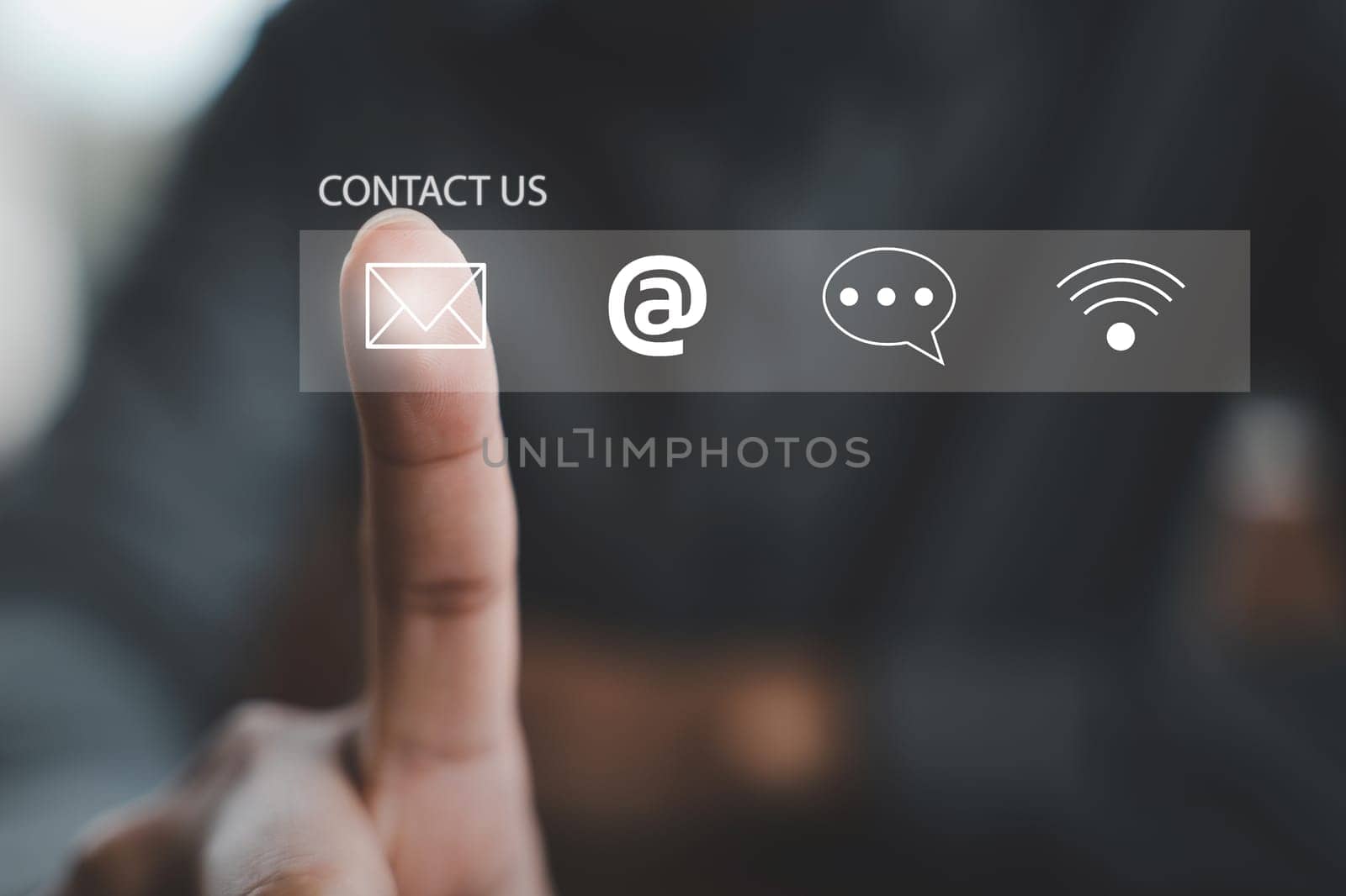 People connect through contact us or customer support hotline. finger touch to access contact icons email, address, live chat on virtual screen. Internet wifi represents digital communication. Banner