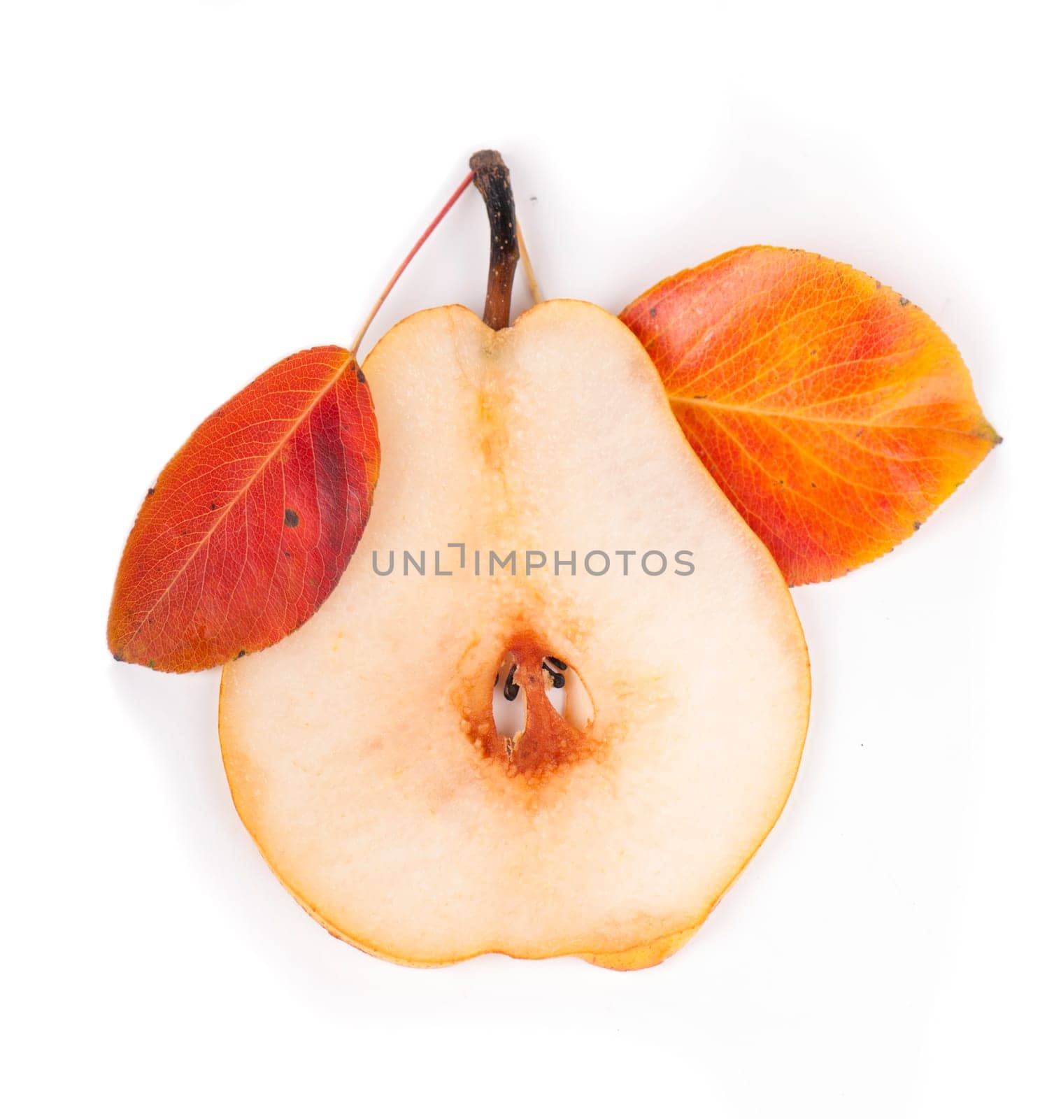 Fresh ripe fruits and slices of pears with leaves isolated on white background by aprilphoto