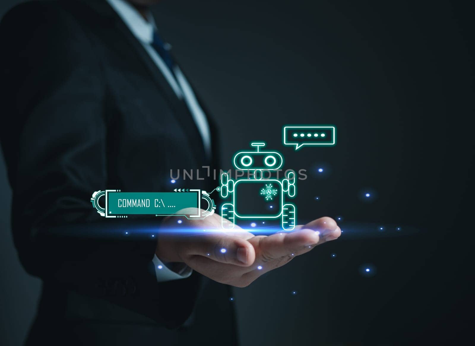 Businessman hand holding an AI model. Show chat with ai system. Concept of network communication. chat bot concept.