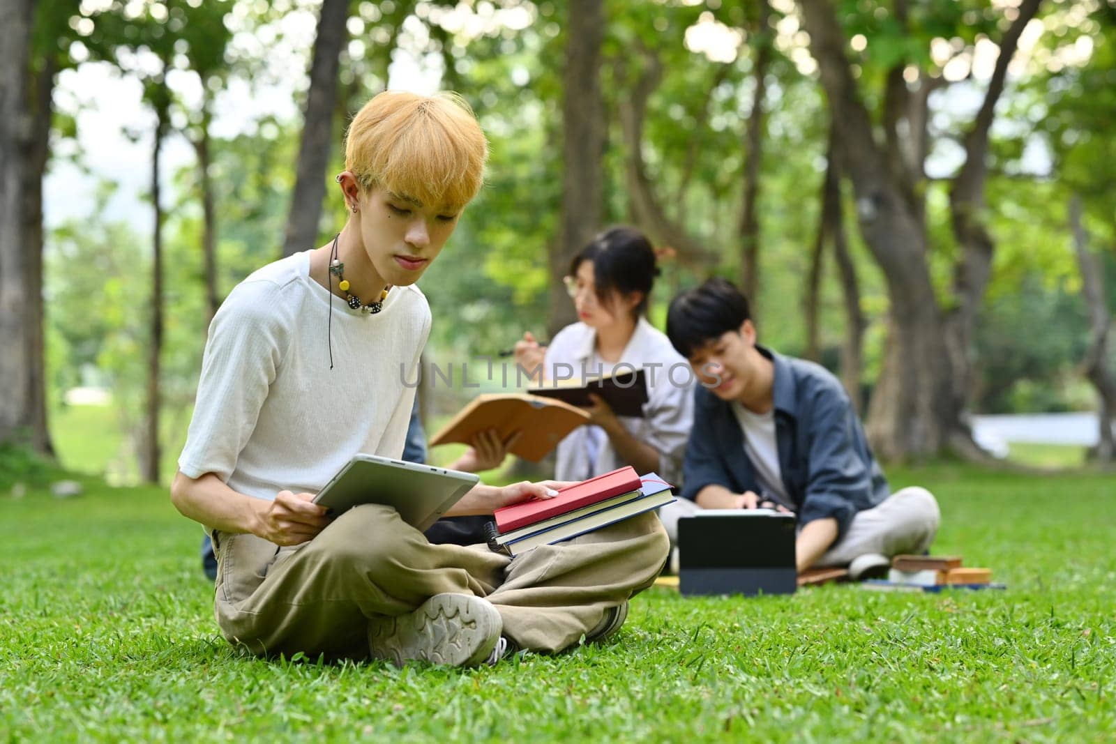 Teenage student man using digital tablet on green grass with friends sitting on background. Education, technology and lifestyle.