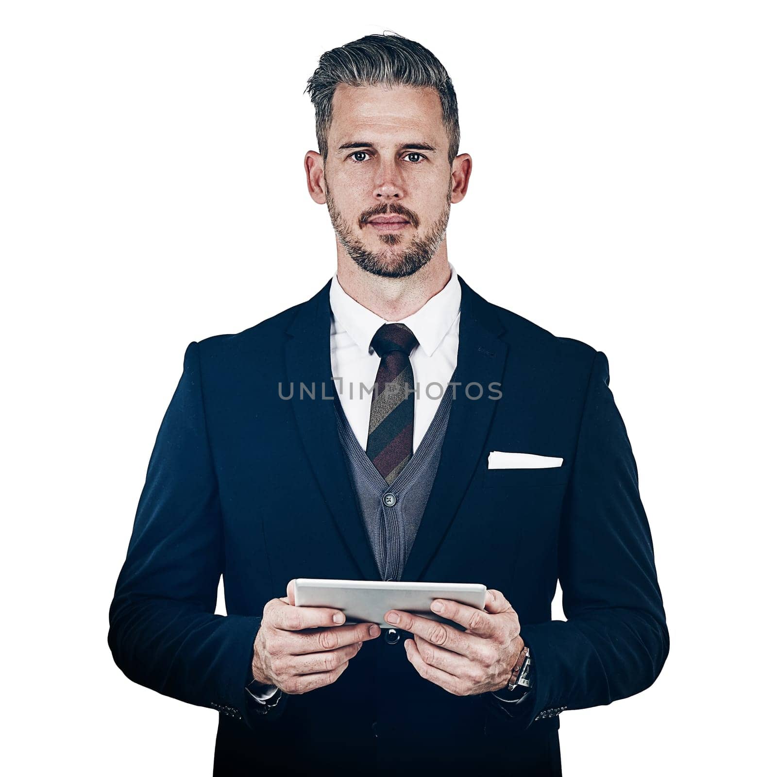Keeping my business tasks digitized. Studio portrait of a businessman using a digital tablet against a white background. by YuriArcurs
